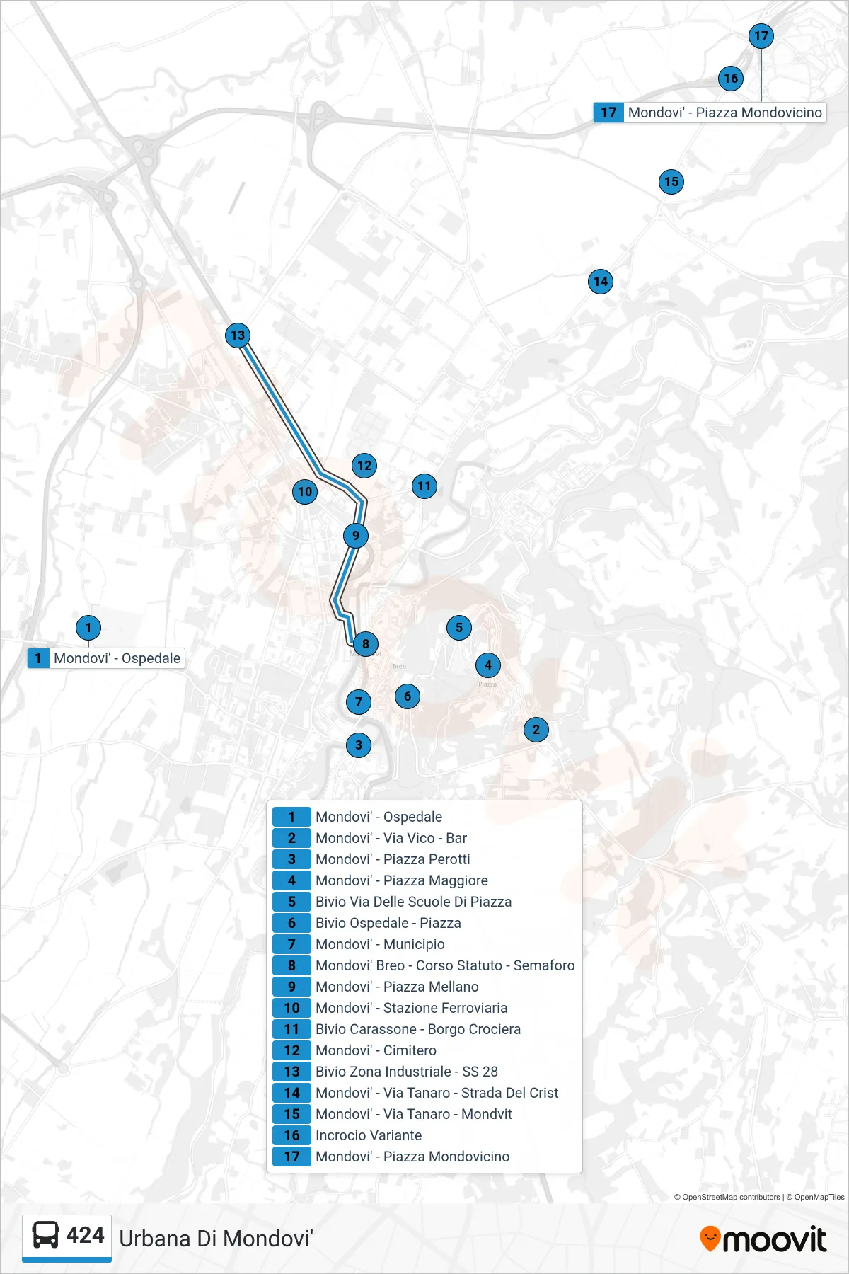 Linea 424 bus (Mondovi' - Piazza Mondovicino) - Percorsi e fermate sulla mappa