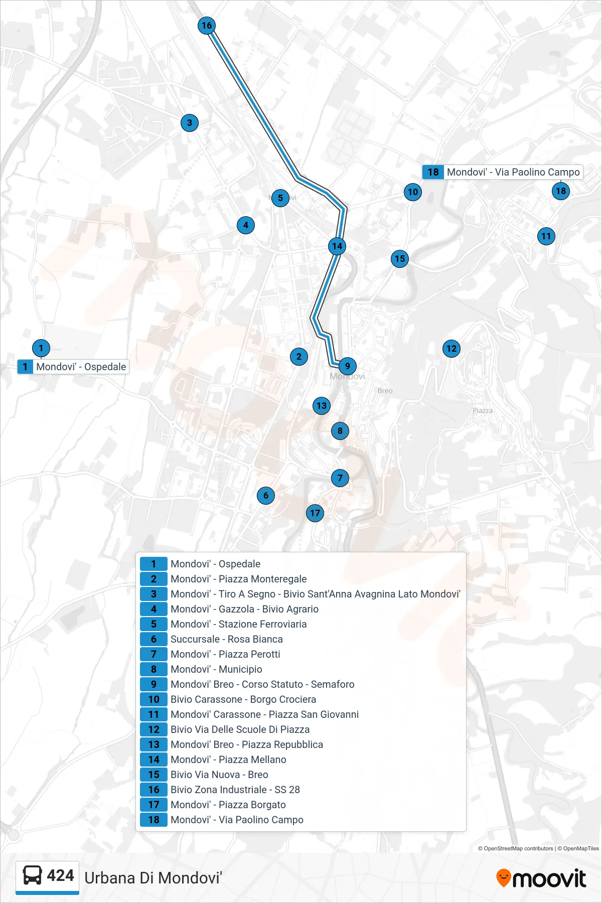 Linea 424 bus (Mondovi' - Via Paolino Campo) - Percorsi e fermate sulla mappa