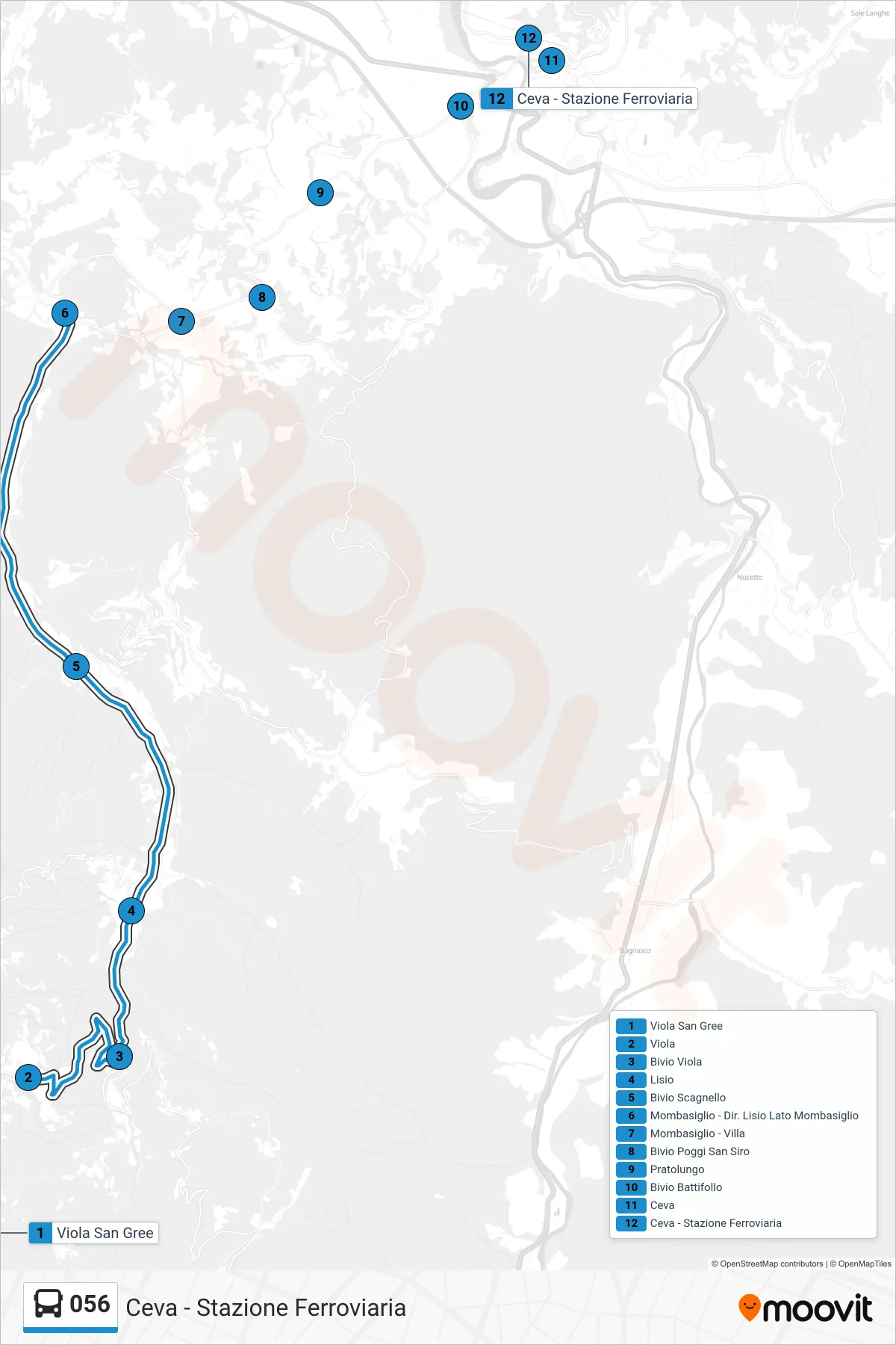 Linea 056 bus (Ceva - Stazione Ferroviaria) - Percorsi e fermate sulla mappa