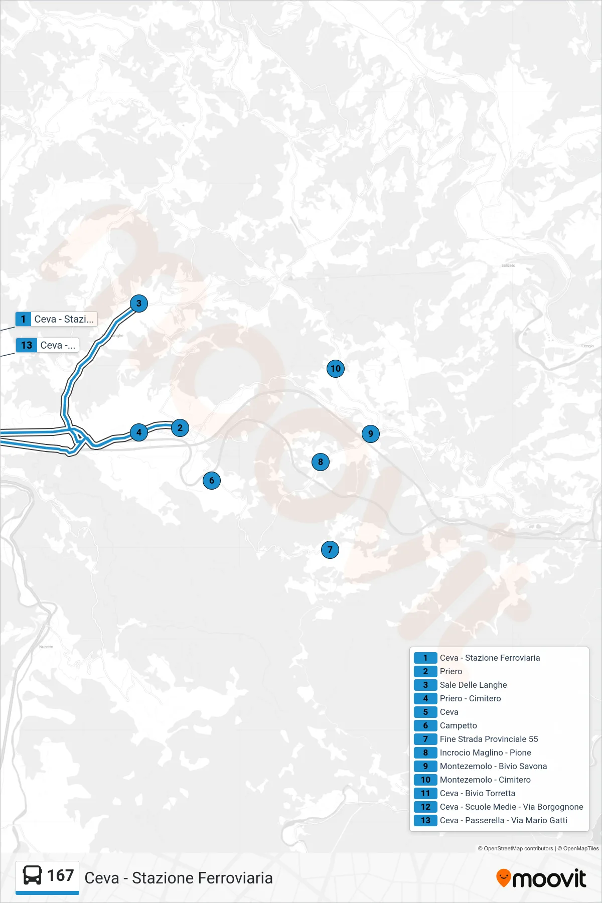 Linea 167  bus (Ceva - Stazione Ferroviaria) - Percorsi e fermate sulla mappa