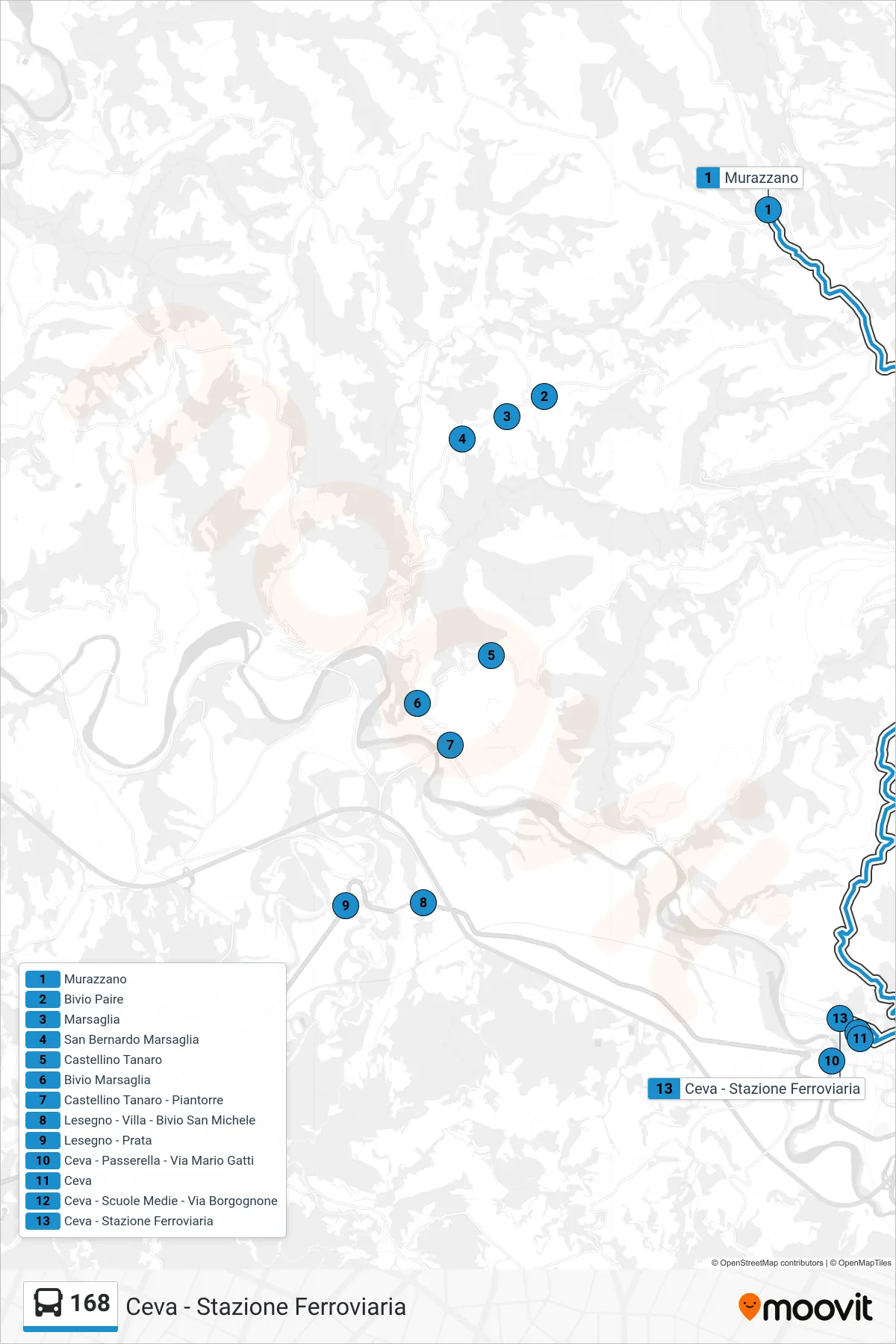 Linea 168 bus (Ceva - Stazione Ferroviaria) - Percorsi e fermate sulla mappa