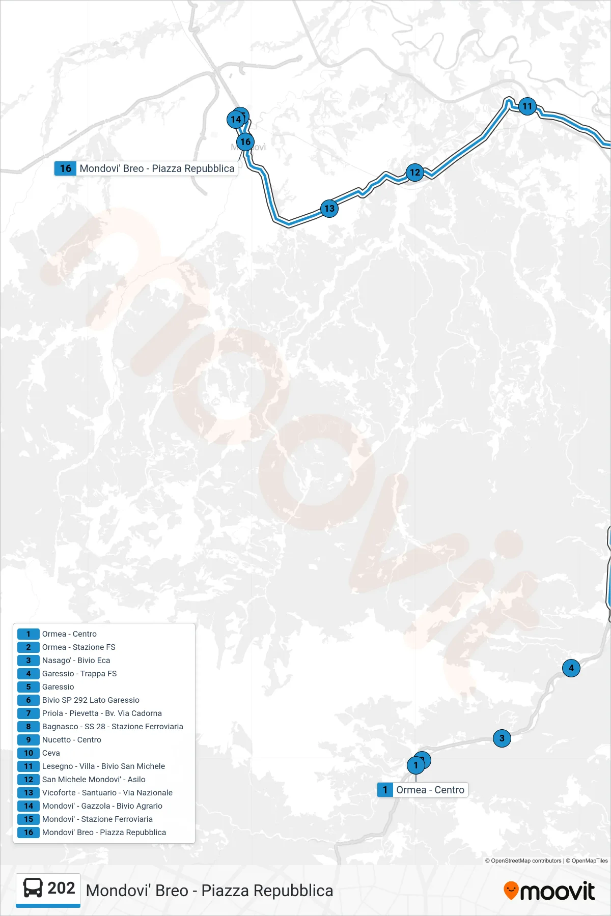 Linea 202  bus (Mondovi' Breo - Piazza Repubblica) - Percorsi e fermate sulla mappa