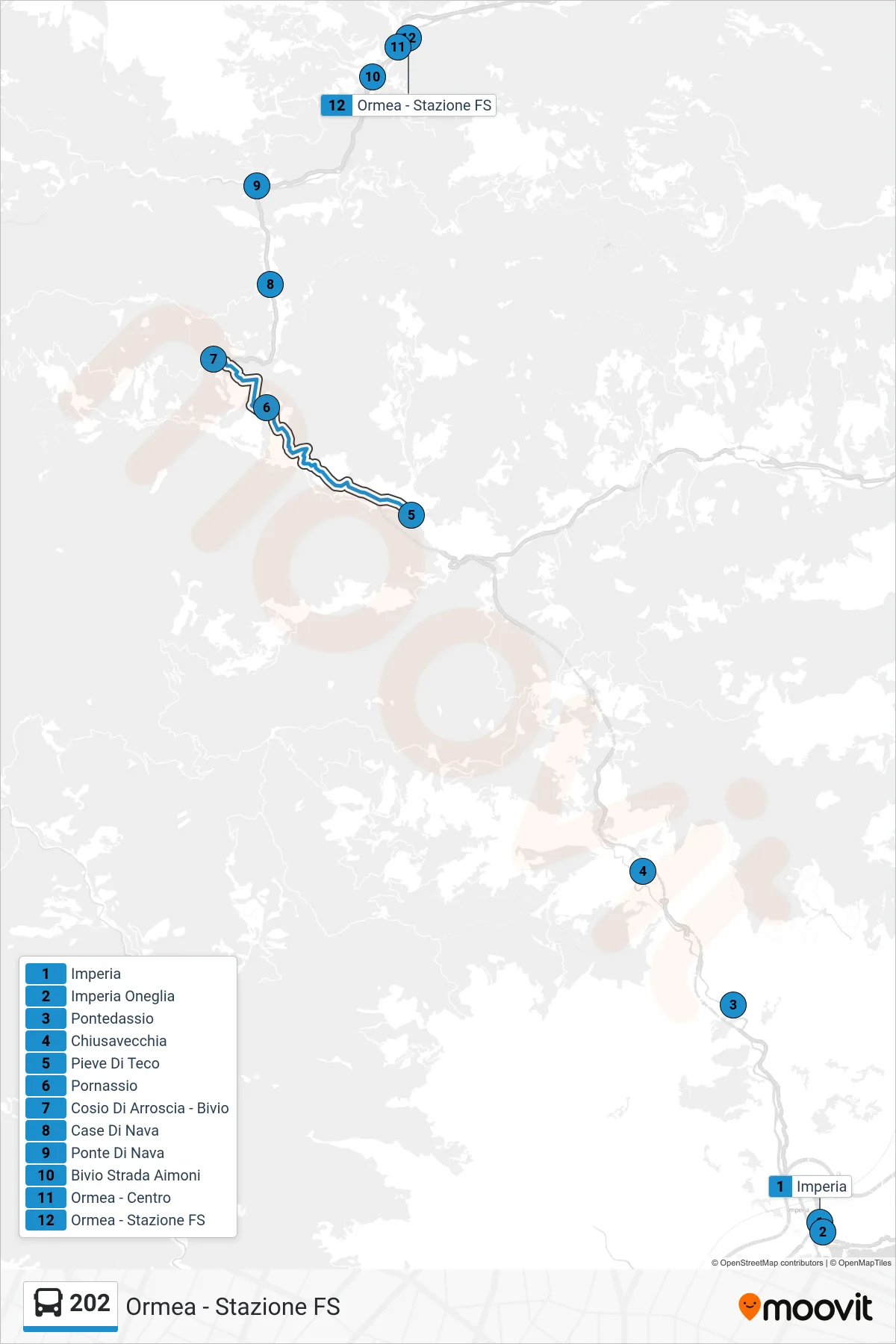 Linea 202  bus (Ormea - Stazione FS) - Percorsi e fermate sulla mappa