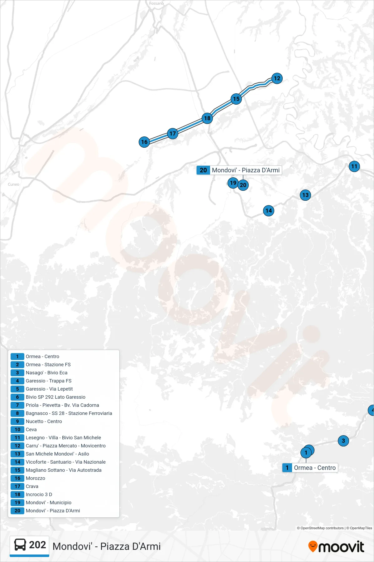 Linea 202 bus (Mondovi' - Piazza D'Armi) - Percorsi e fermate sulla mappa