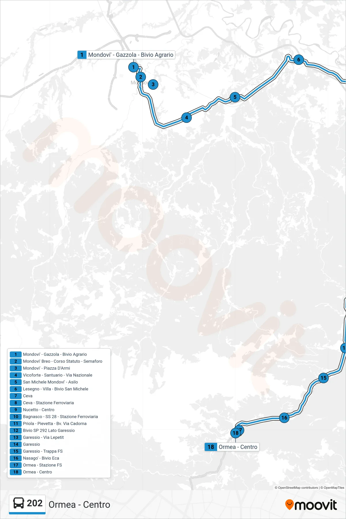 Linea 202 bus (Ormea - Centro) - Percorsi e fermate sulla mappa