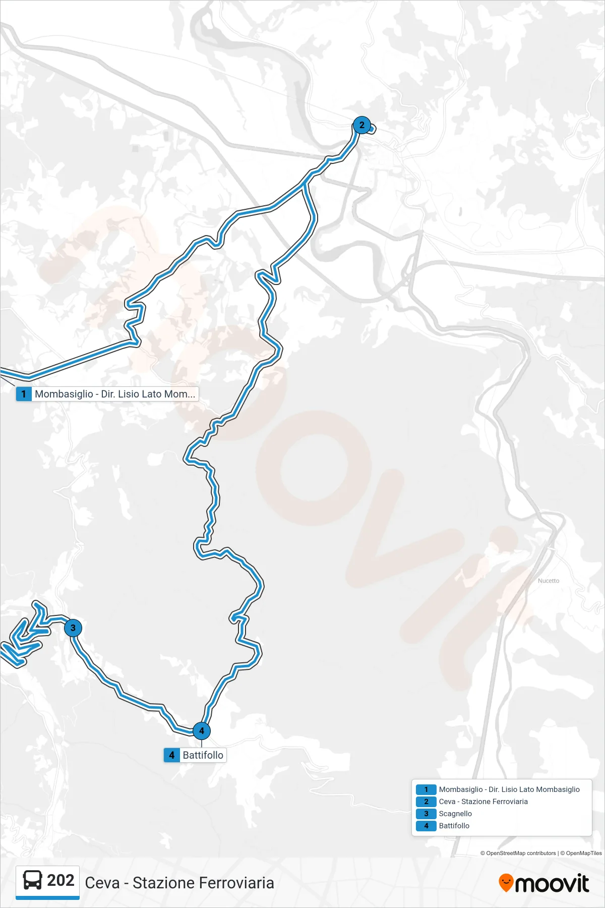 Linea 202 bus (Ceva - Stazione Ferroviaria) - Percorsi e fermate sulla mappa