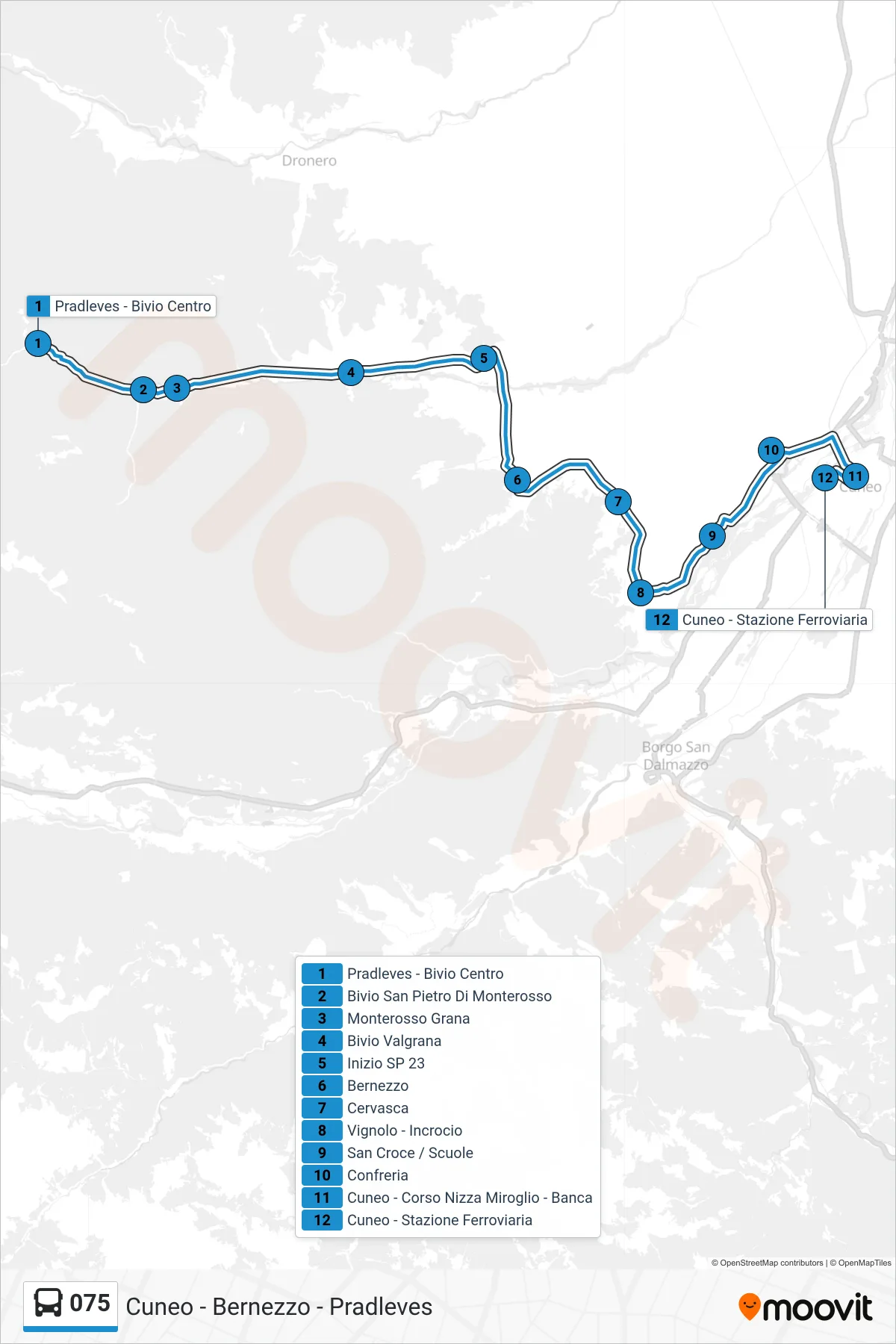 Linea 075  bus (Cuneo - Stazione Ferroviaria) - Percorsi e fermate sulla mappa