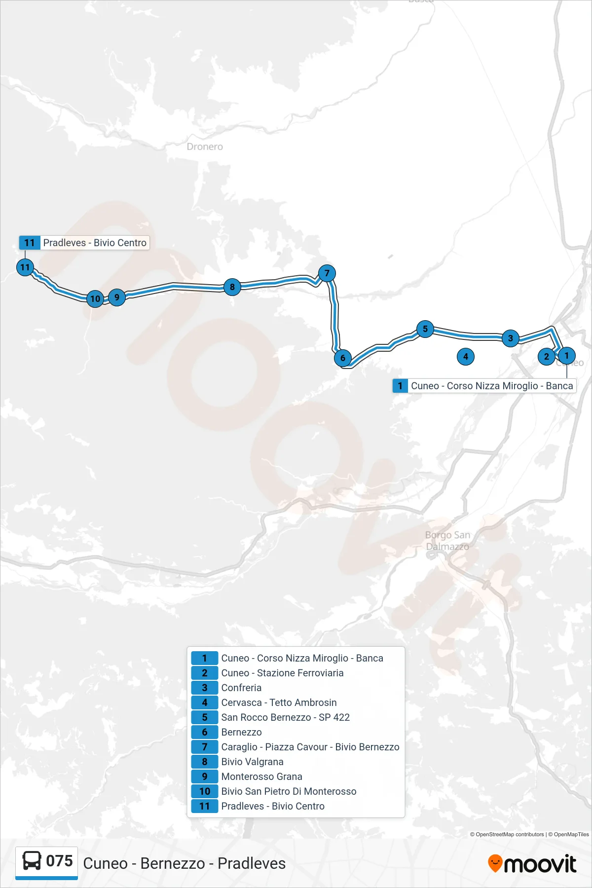 Linea 075 bus (Pradleves - Bivio Centro) - Percorsi e fermate sulla mappa