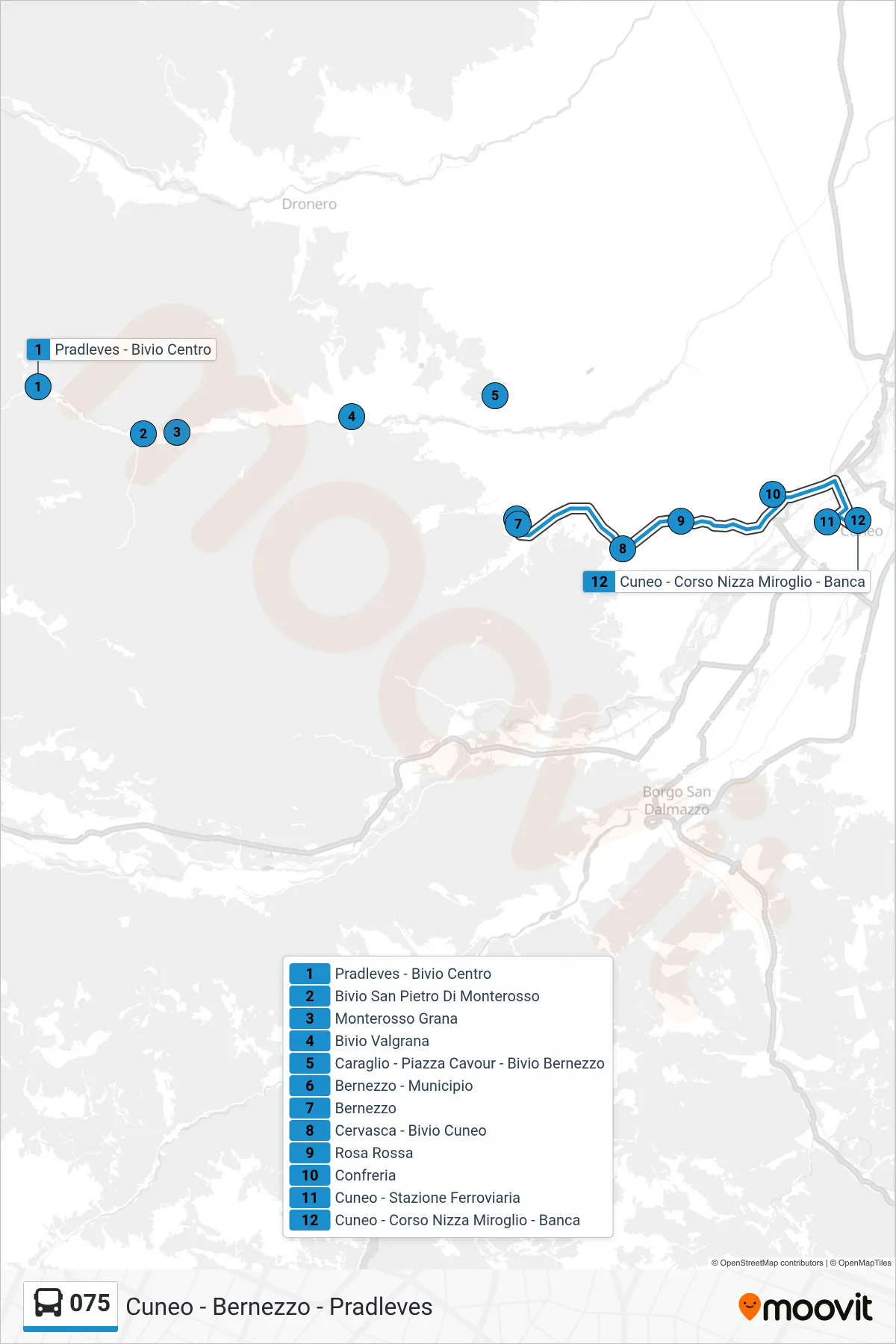 Linea 075 bus (Cuneo - Corso Nizza Miroglio - Banca) - Percorsi e fermate sulla mappa