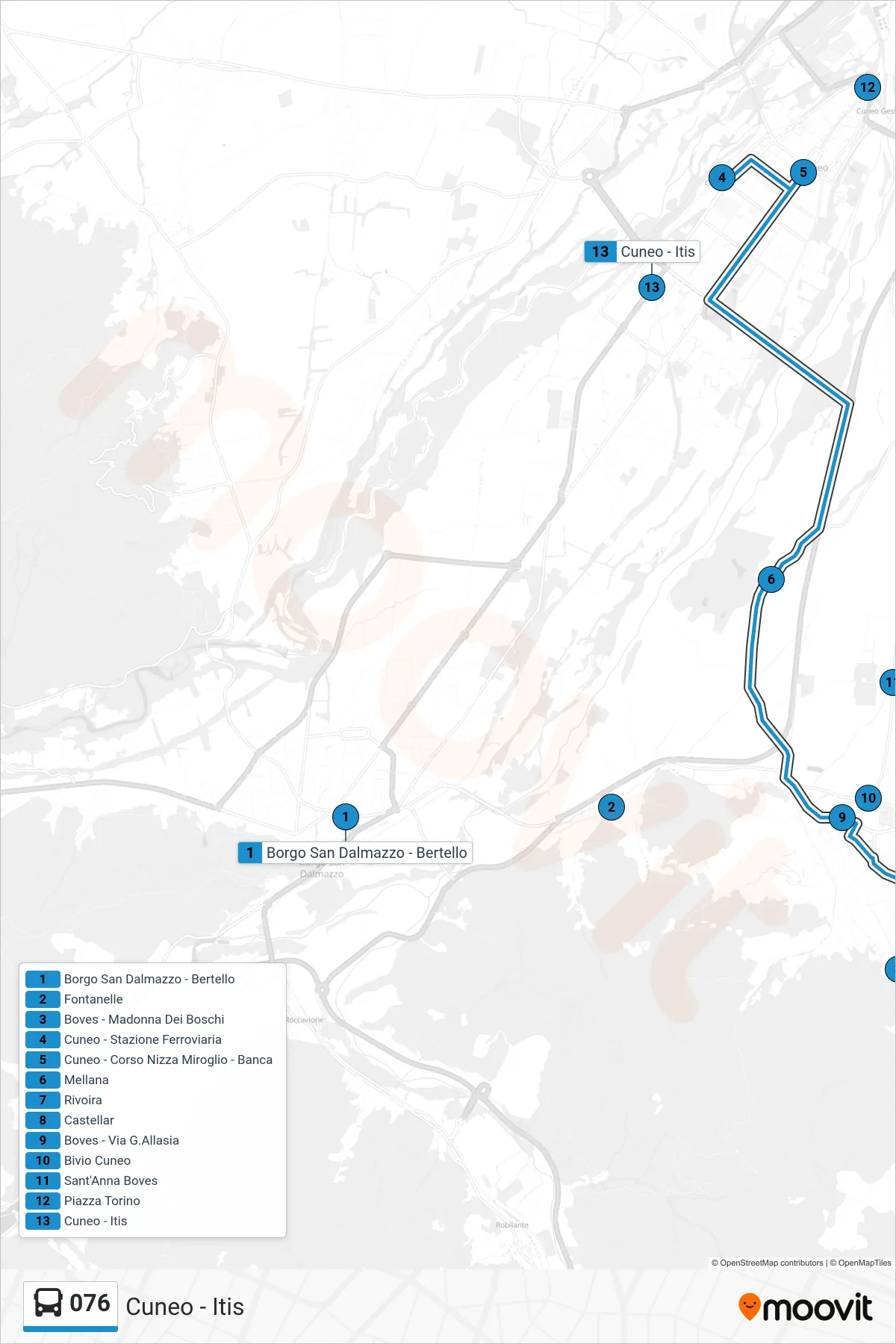 Linea 076  bus (Cuneo - Itis) - Percorsi e fermate sulla mappa