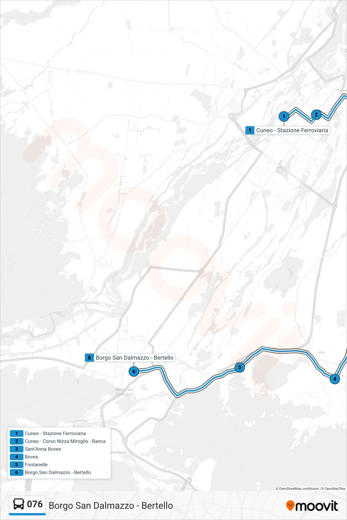 Linea 076 bus (Borgo San Dalmazzo - Bertello) - Percorsi e fermate sulla mappa