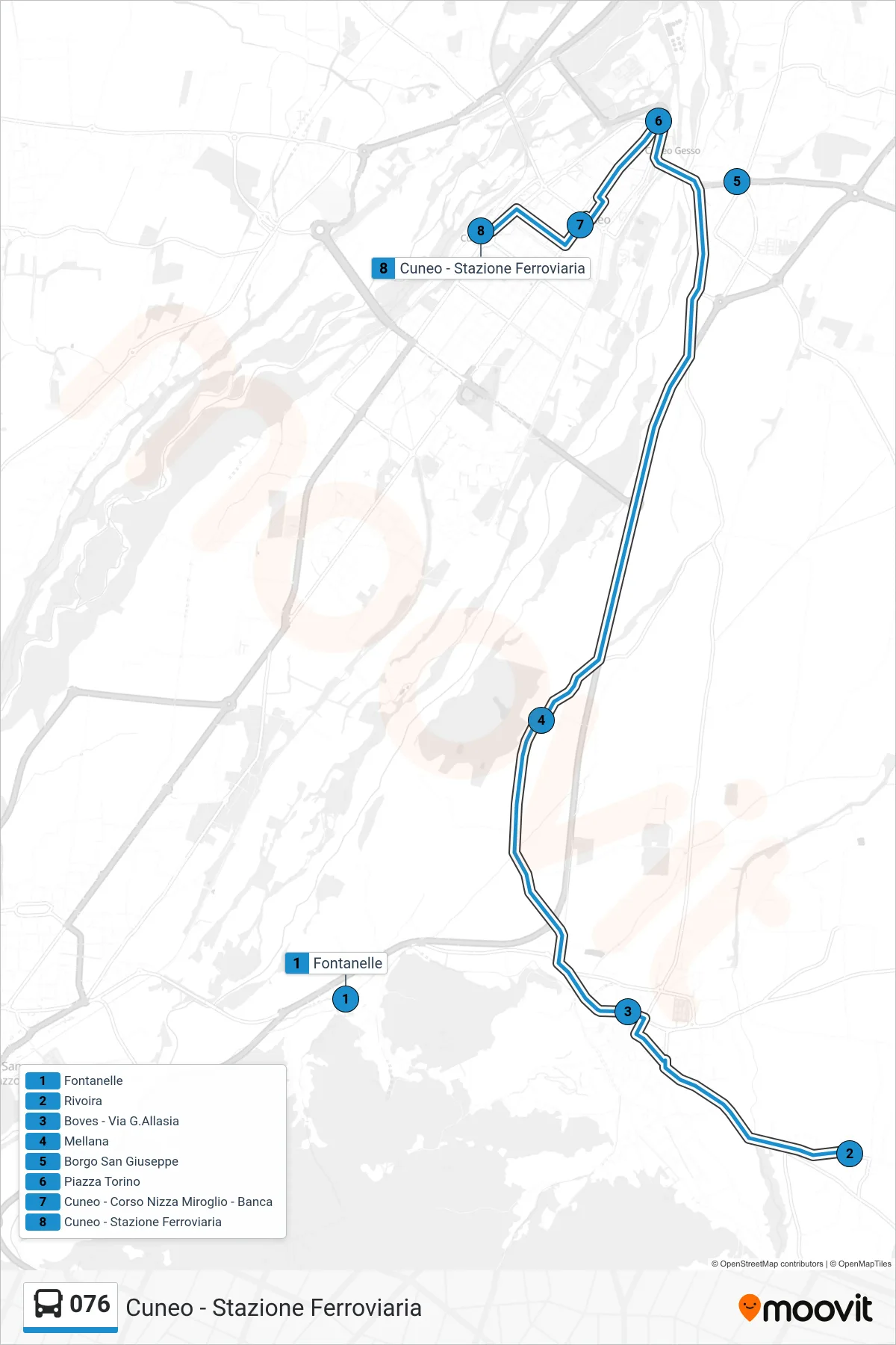Linea 076  bus (Cuneo - Stazione Ferroviaria) - Percorsi e fermate sulla mappa