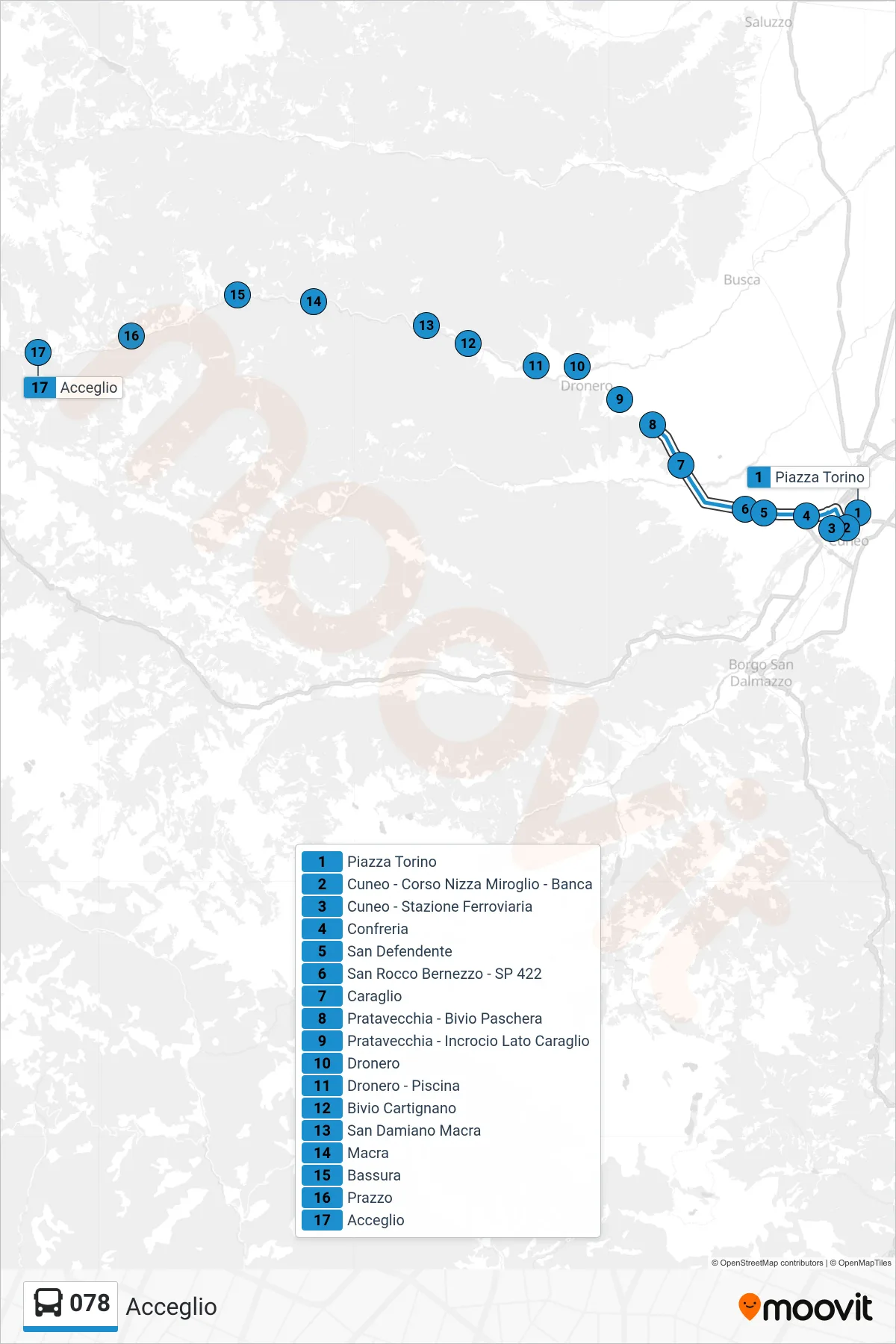 Linea 078 bus (Acceglio) - Percorsi e fermate sulla mappa