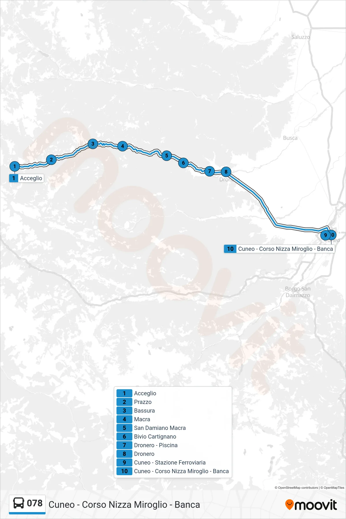 Linea 078 bus (Cuneo - Corso Nizza Miroglio - Banca) - Percorsi e fermate sulla mappa