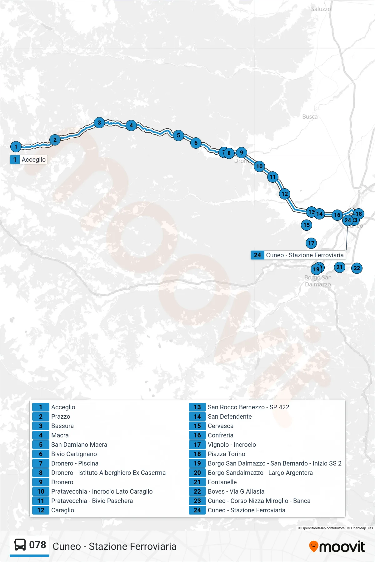 Linea 078  bus (Cuneo - Stazione Ferroviaria) - Percorsi e fermate sulla mappa