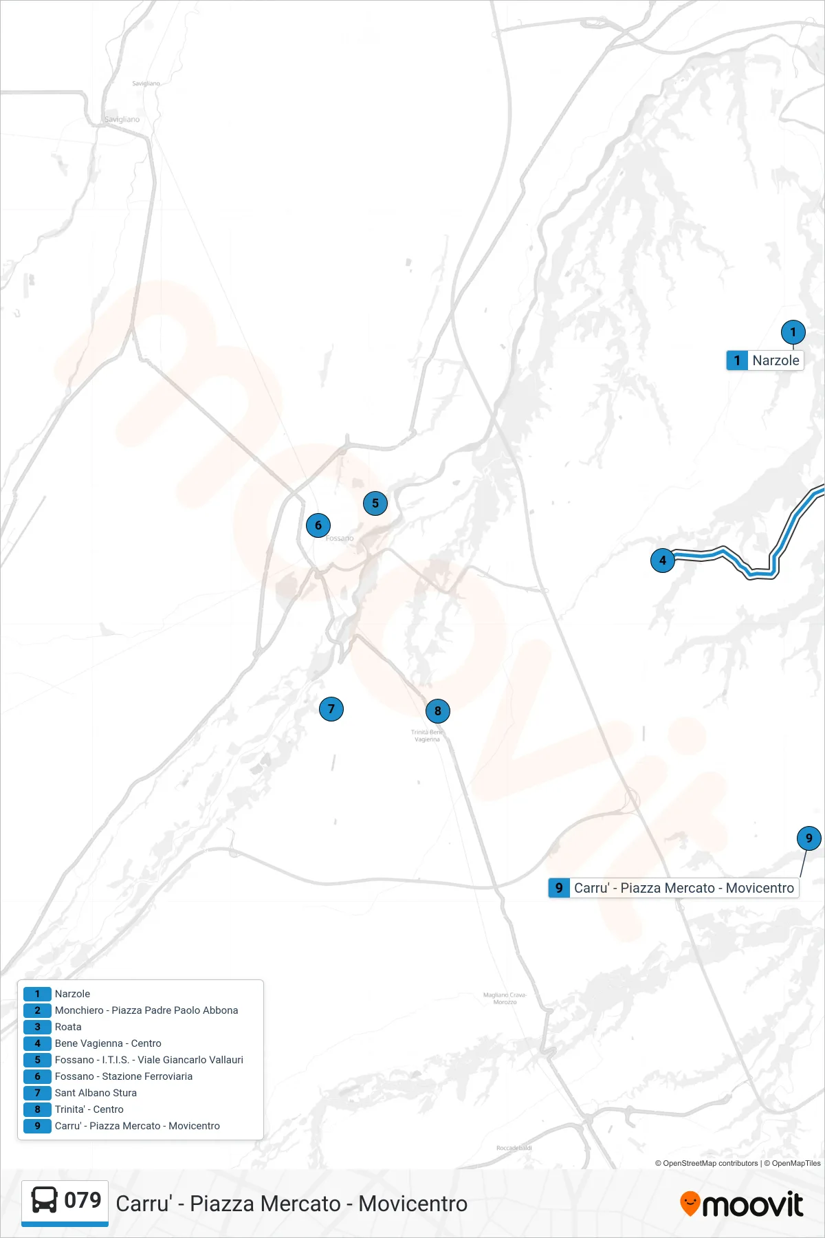 Linea 079 bus (Carru' - Piazza Mercato - Movicentro) - Percorsi e fermate sulla mappa