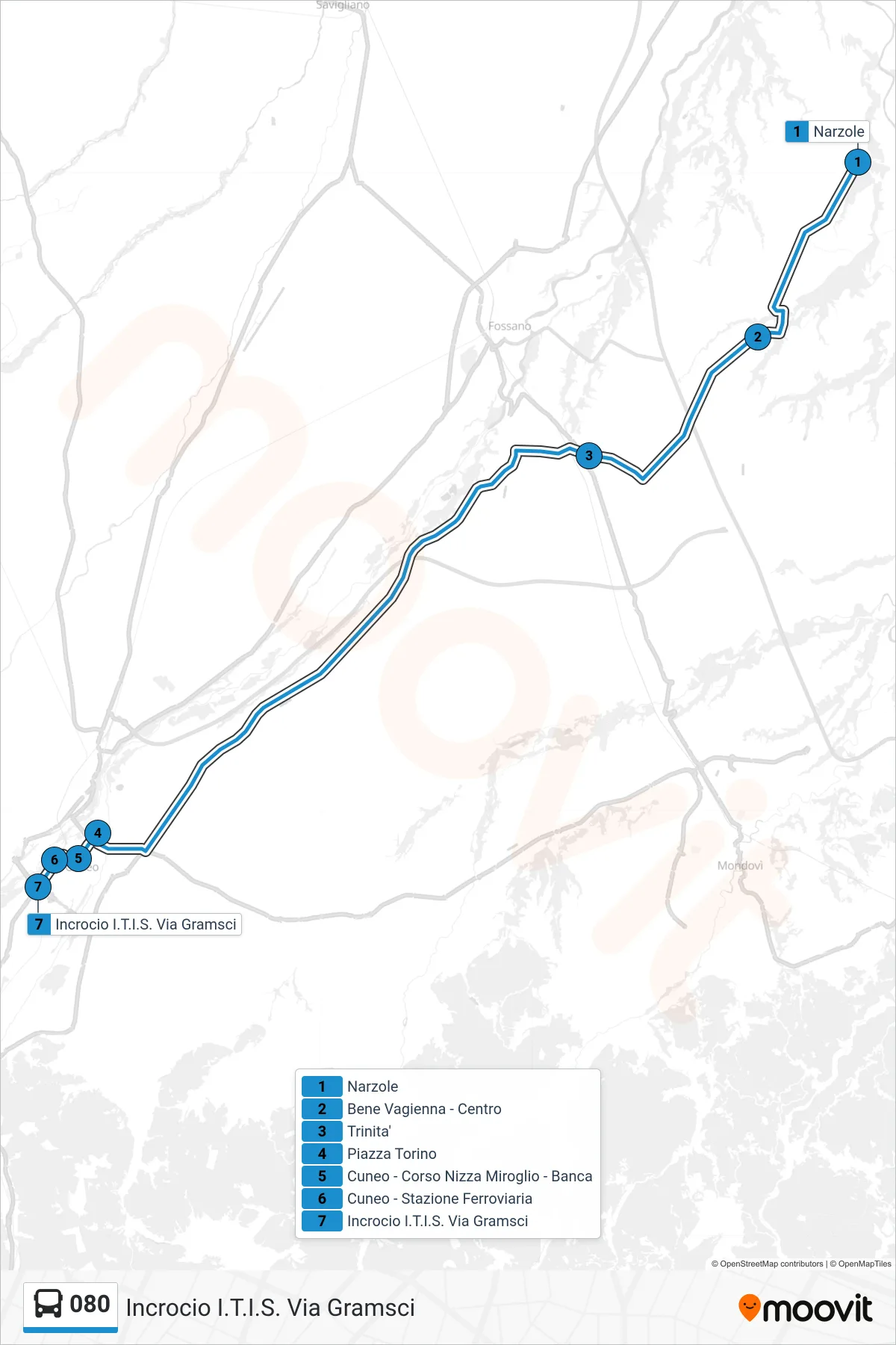 Linea 080  bus (Incrocio I.T.I.S. Via Gramsci) - Percorsi e fermate sulla mappa