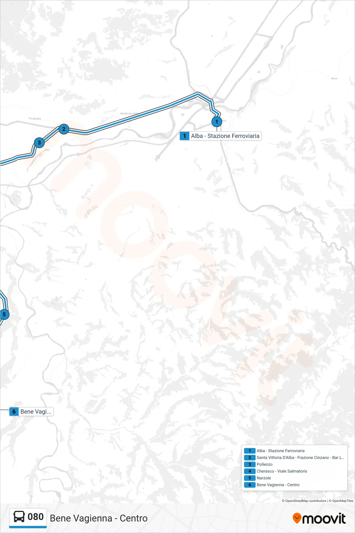 080 bus Line (Bene Vagienna - Center) route and stops on a map