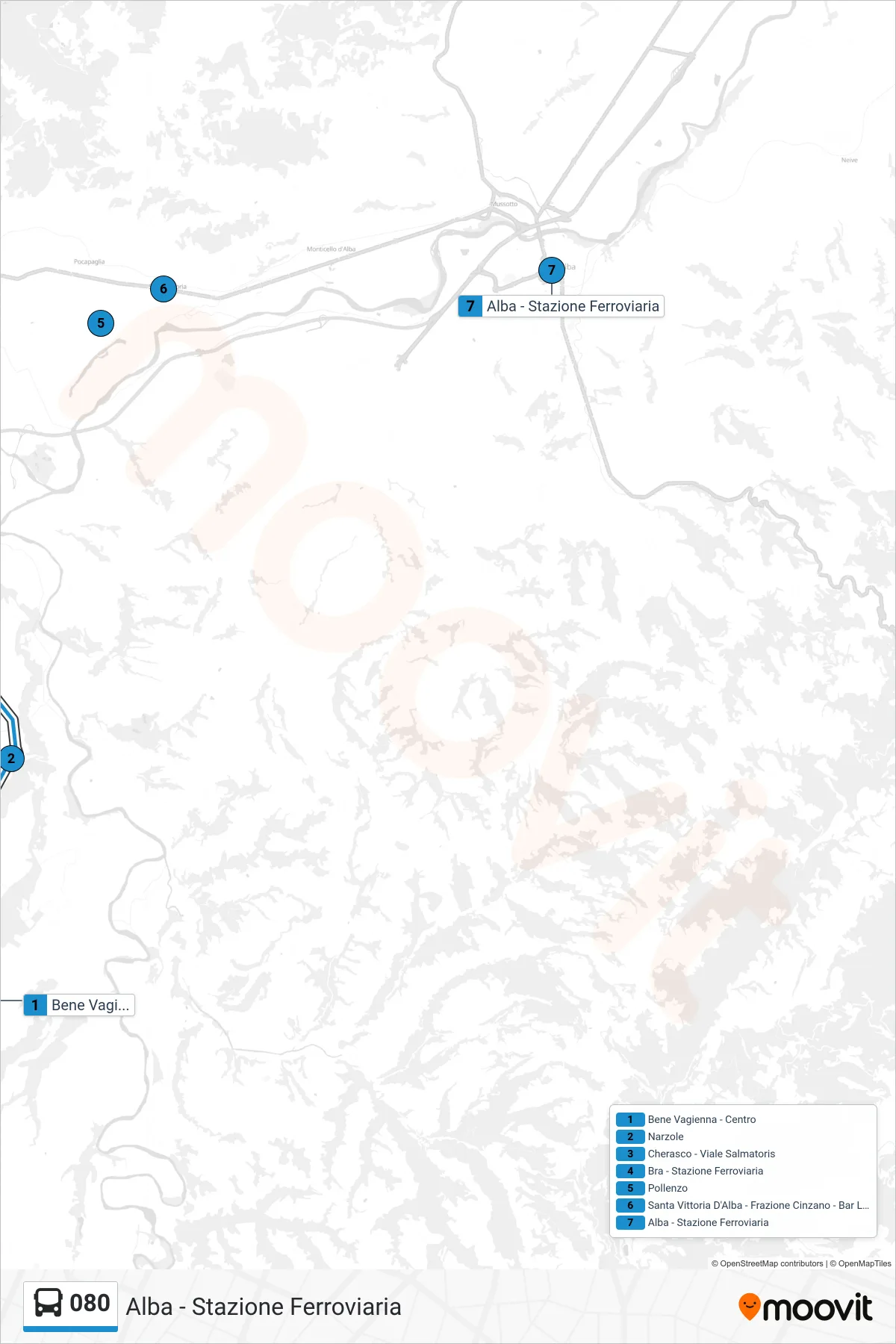 Linea 080 bus (Alba - Stazione Ferroviaria) - Percorsi e fermate sulla mappa
