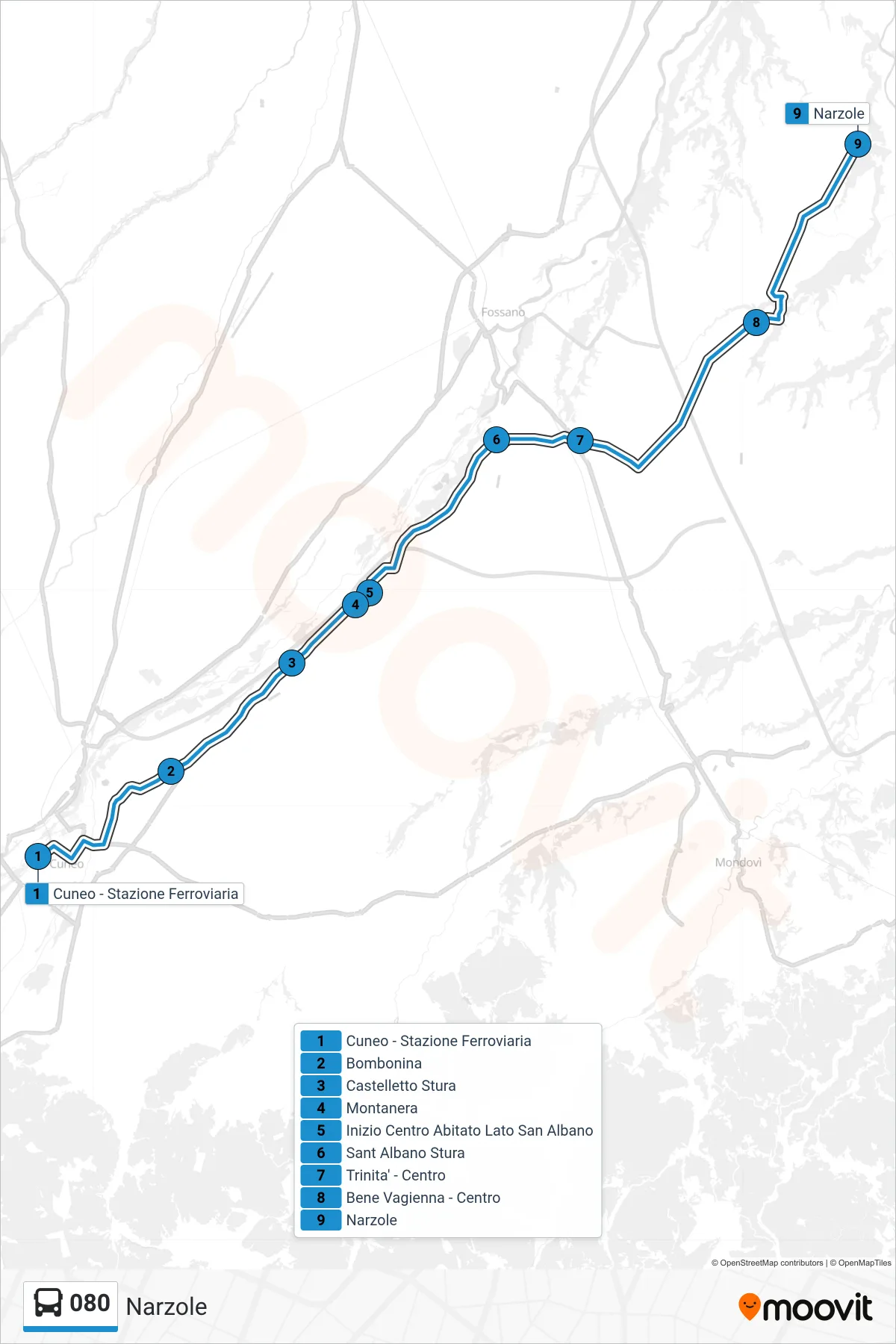 Linea 080 bus (Narzole) - Percorsi e fermate sulla mappa