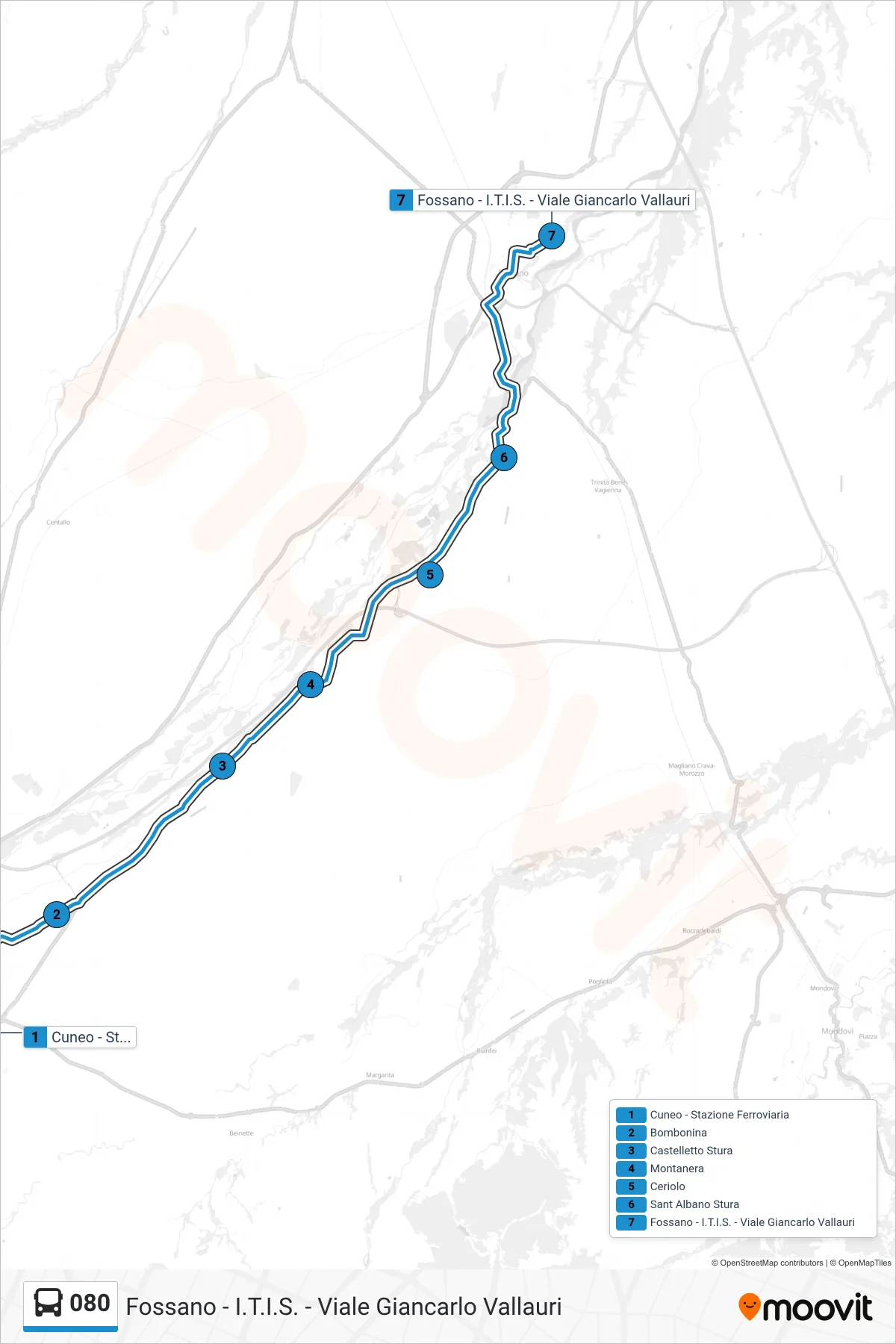 Linea 080  bus (Fossano - I.T.I.S. - Viale Giancarlo Vallauri) - Percorsi e fermate sulla mappa