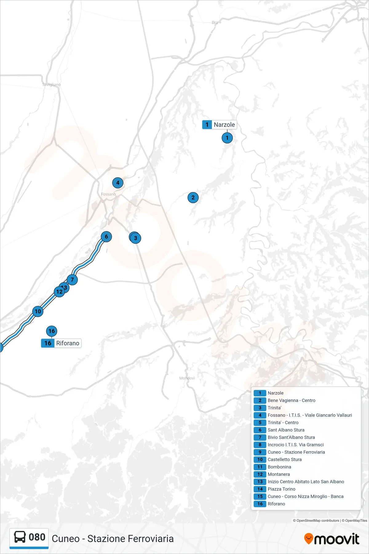 Linea 080 bus (Cuneo - Stazione Ferroviaria) - Percorsi e fermate sulla mappa