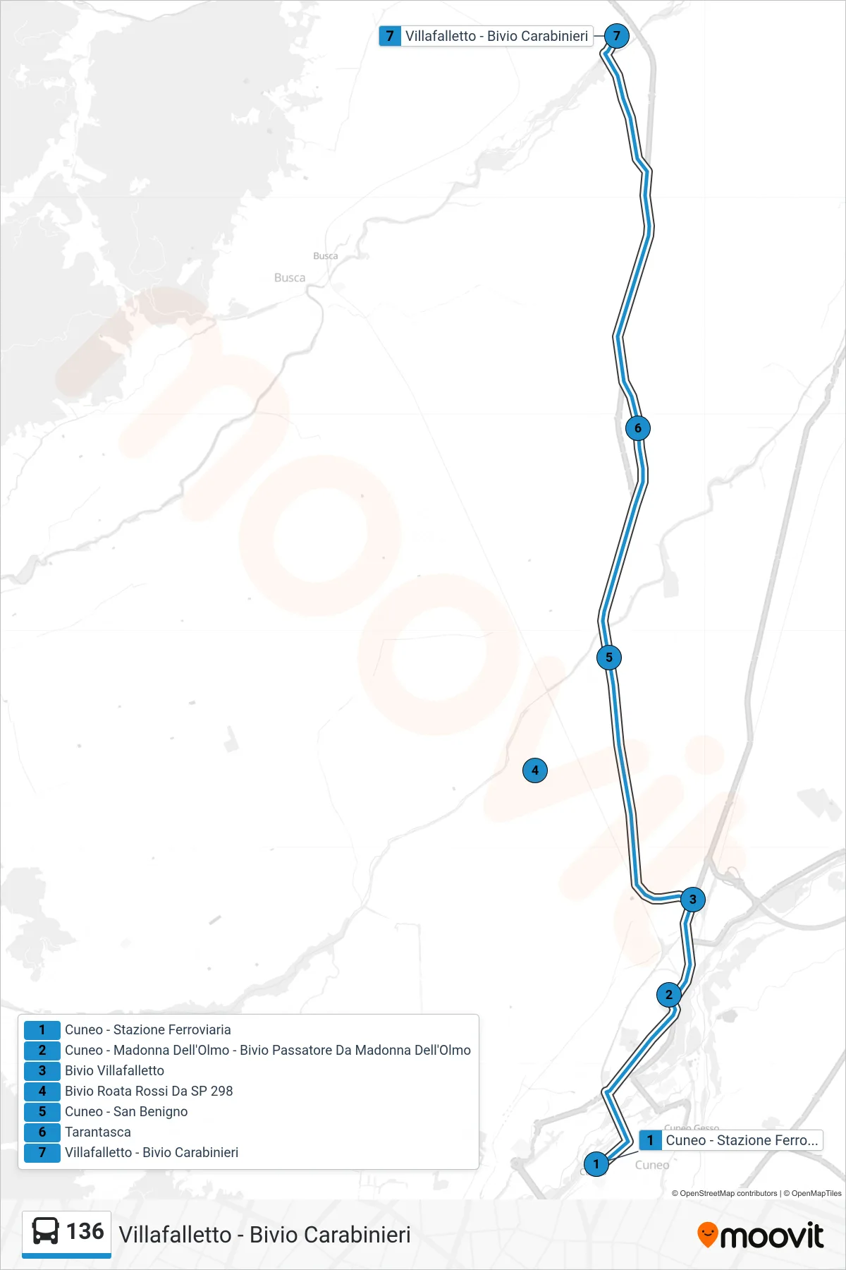 Linea 136 bus (Villafalletto - Bivio Carabinieri) - Percorsi e fermate sulla mappa