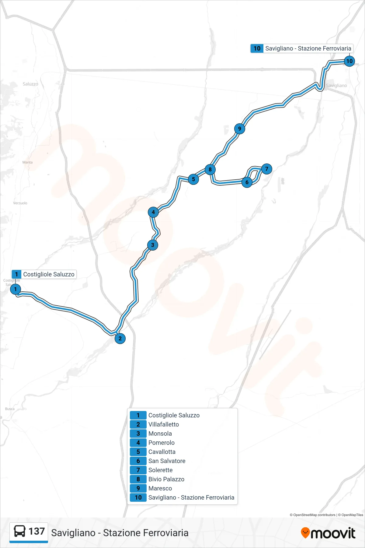Linea 137  bus (Savigliano - Stazione Ferroviaria) - Percorsi e fermate sulla mappa