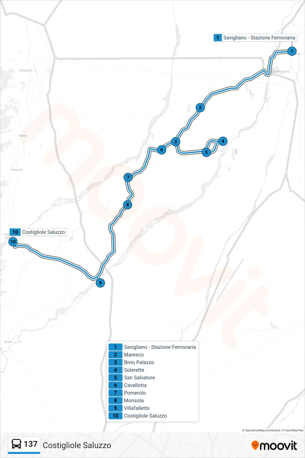Linea 137 bus (Costigliole Saluzzo) - Percorsi e fermate sulla mappa