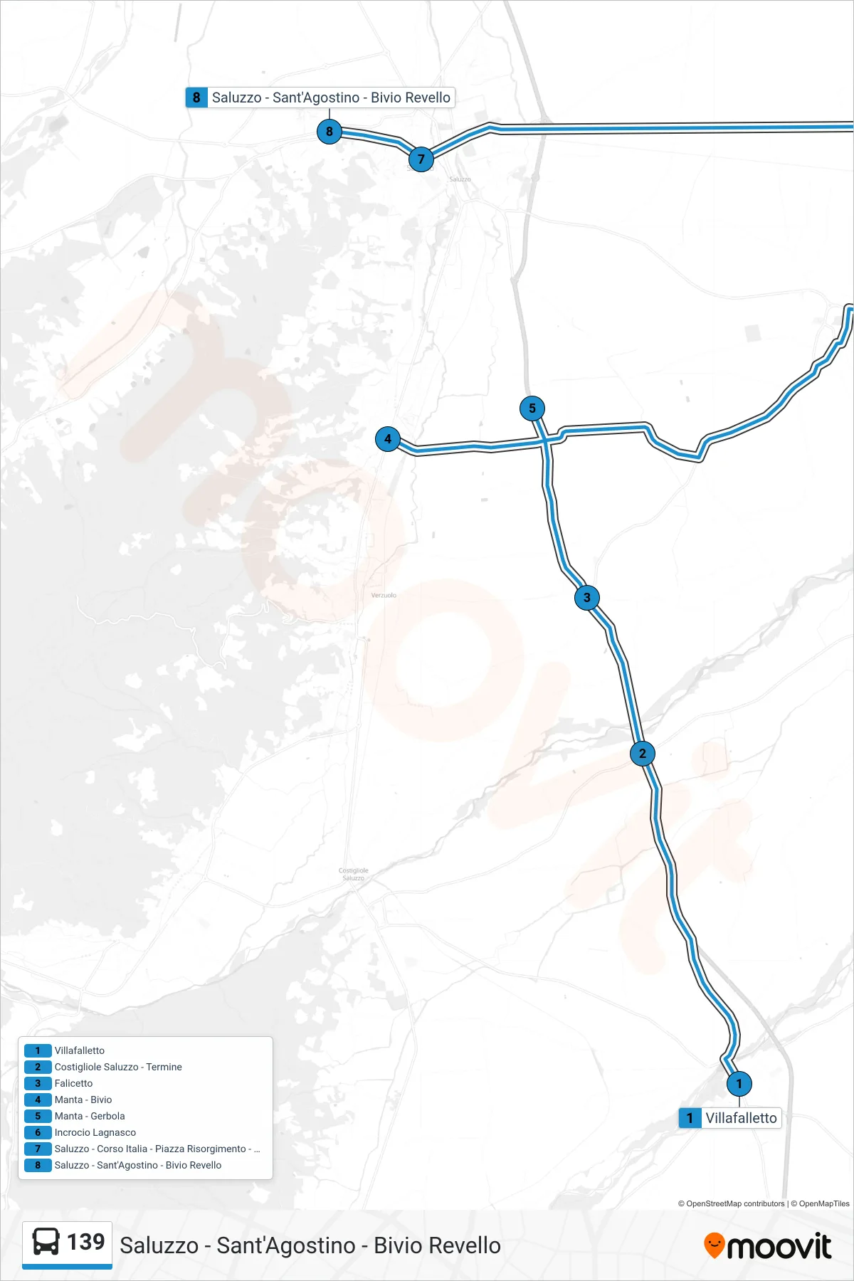 Linea 139 bus (Saluzzo - Sant'Agostino - Bivio Revello) - Percorsi e fermate sulla mappa