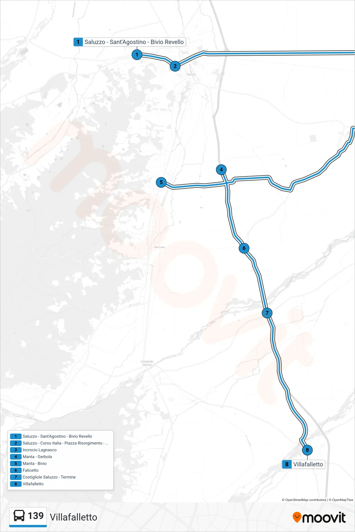 Linea 139  bus (Villafalletto) - Percorsi e fermate sulla mappa