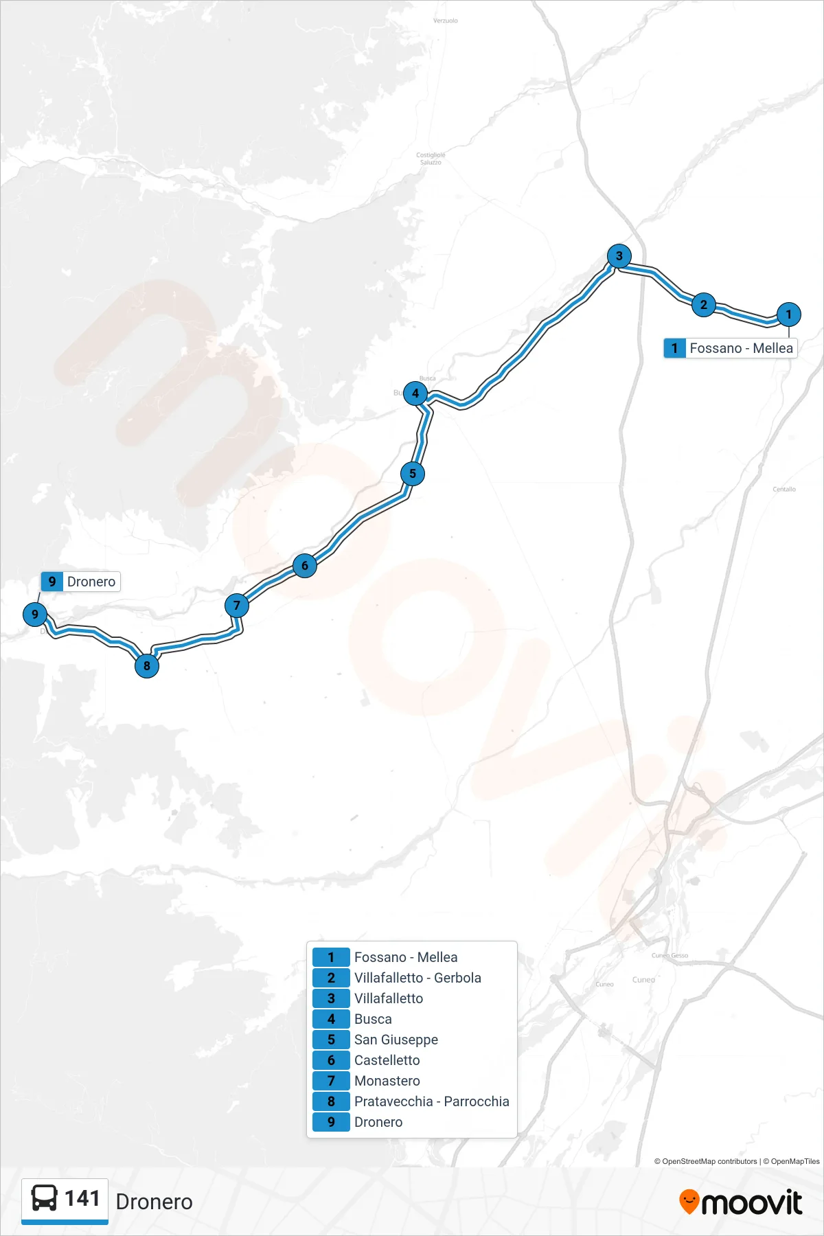 Linea 141 bus (Dronero) - Percorsi e fermate sulla mappa