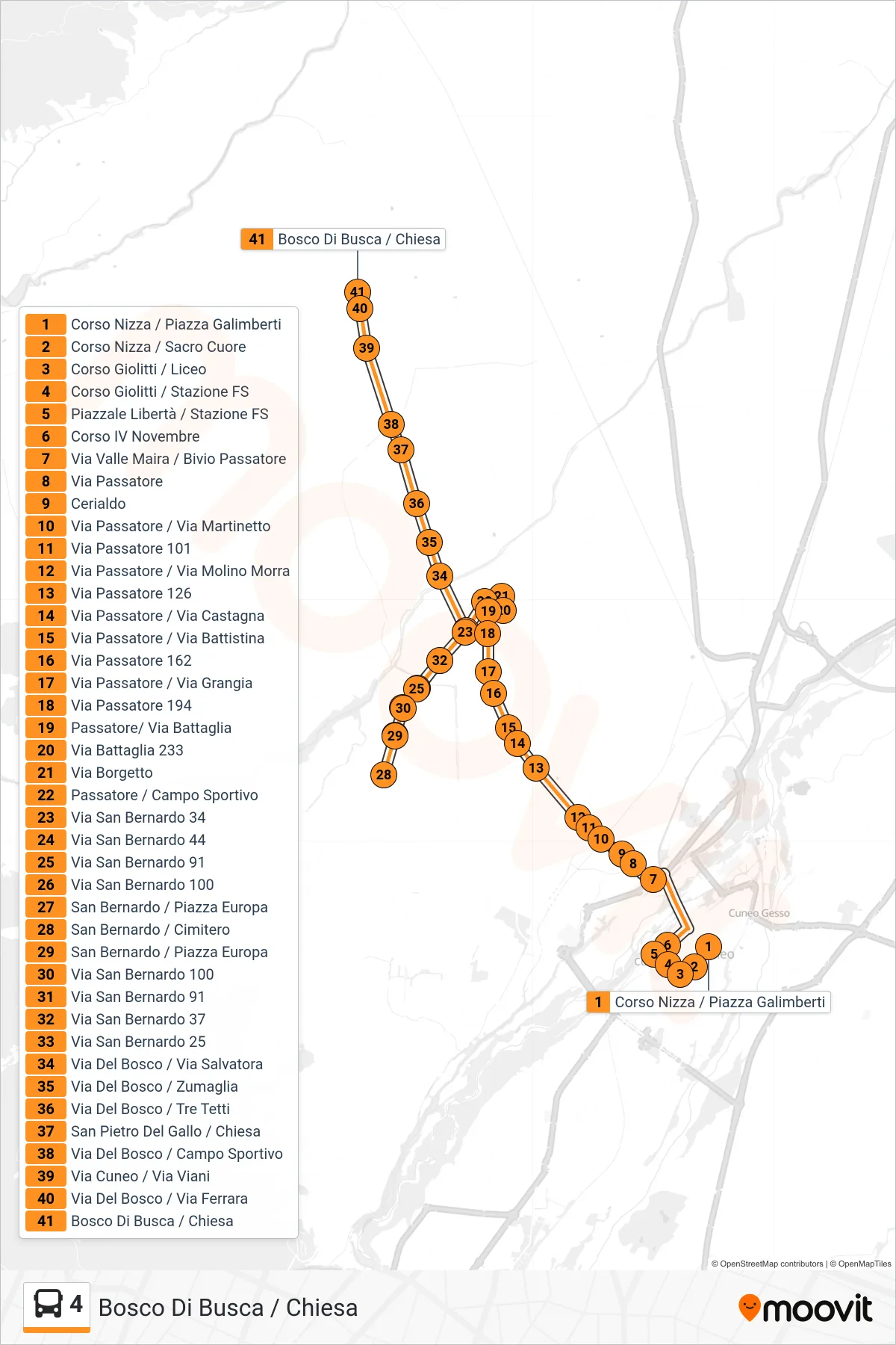 Linea 4 bus (Bosco Di Busca / Chiesa) - Percorsi e fermate sulla mappa