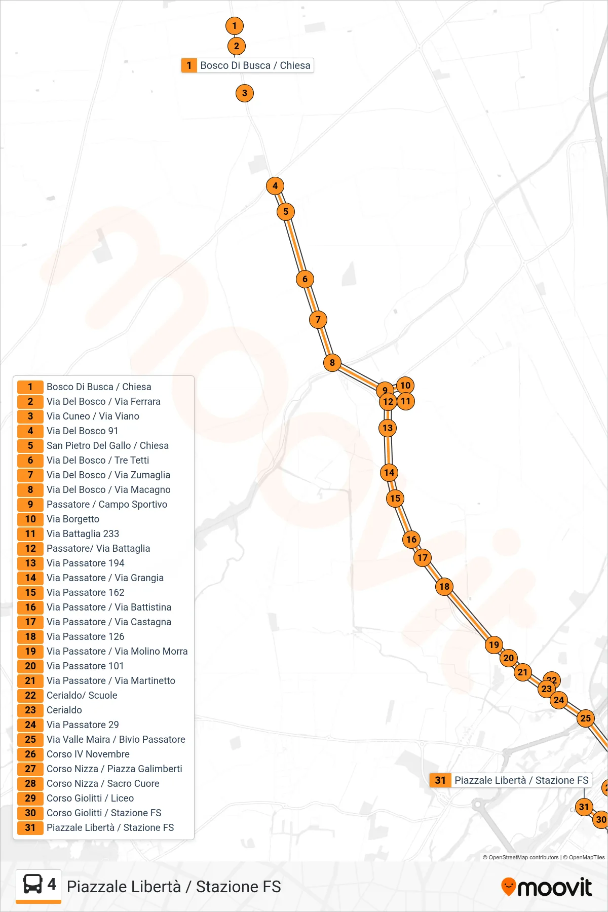 Linea 4 bus (Piazzale Libertà / Stazione FS) - Percorsi e fermate sulla mappa