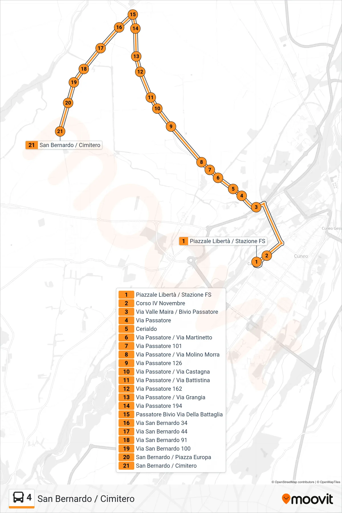 Linea 4 bus (San Bernardo / Cimitero) - Percorsi e fermate sulla mappa