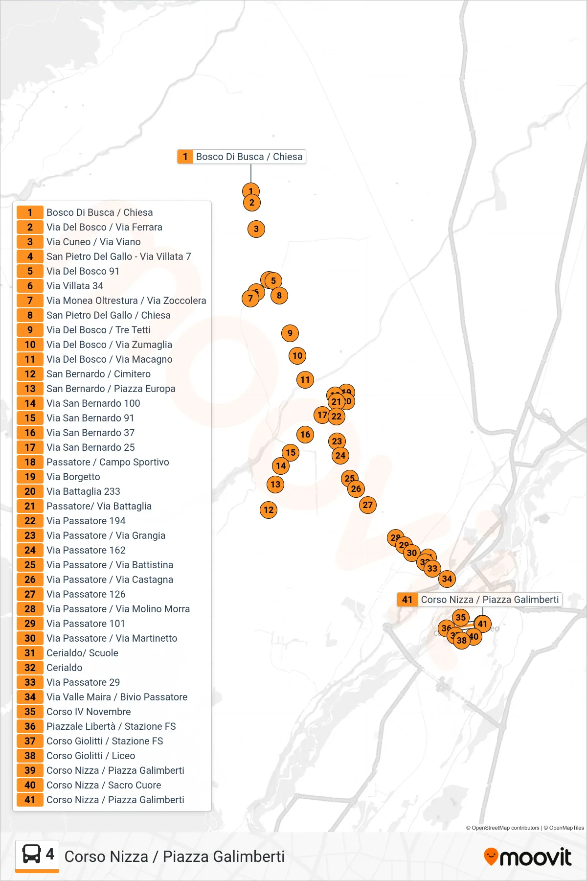 Linea 4  bus (Corso Nizza / Piazza Galimberti) - Percorsi e fermate sulla mappa