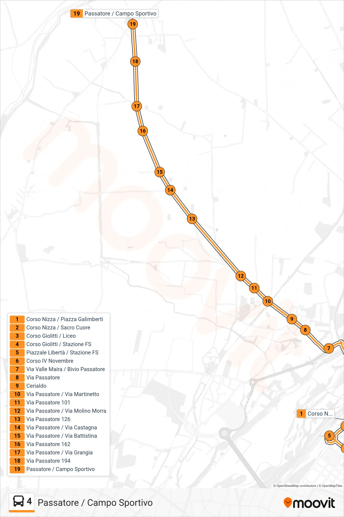 Linea 4 bus (Passatore / Campo Sportivo) - Percorsi e fermate sulla mappa
