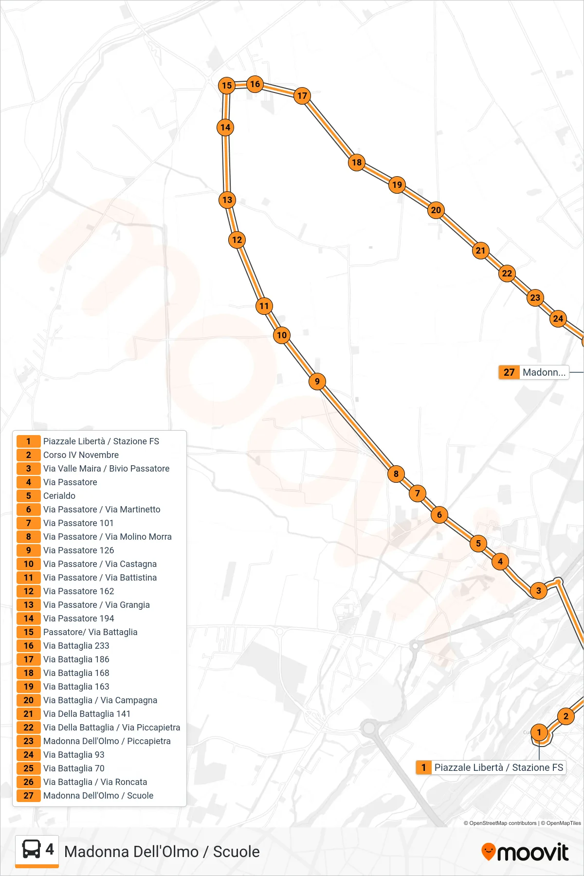 Linea 4 bus (Madonna Dell'Olmo / Scuole) - Percorsi e fermate sulla mappa