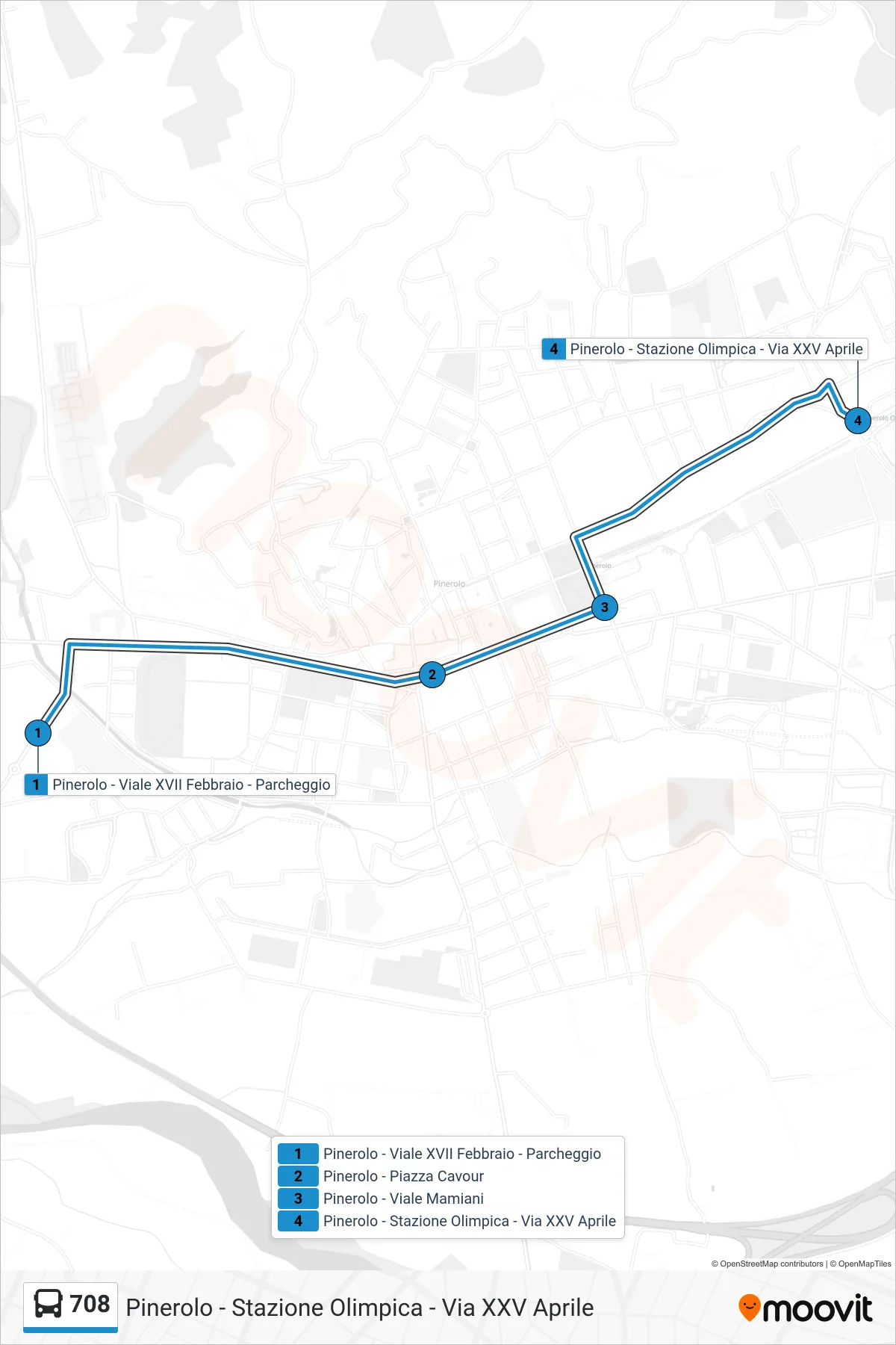 Linea 708  bus (Pinerolo - Stazione Olimpica - Via XXV Aprile) - Percorsi e fermate sulla mappa