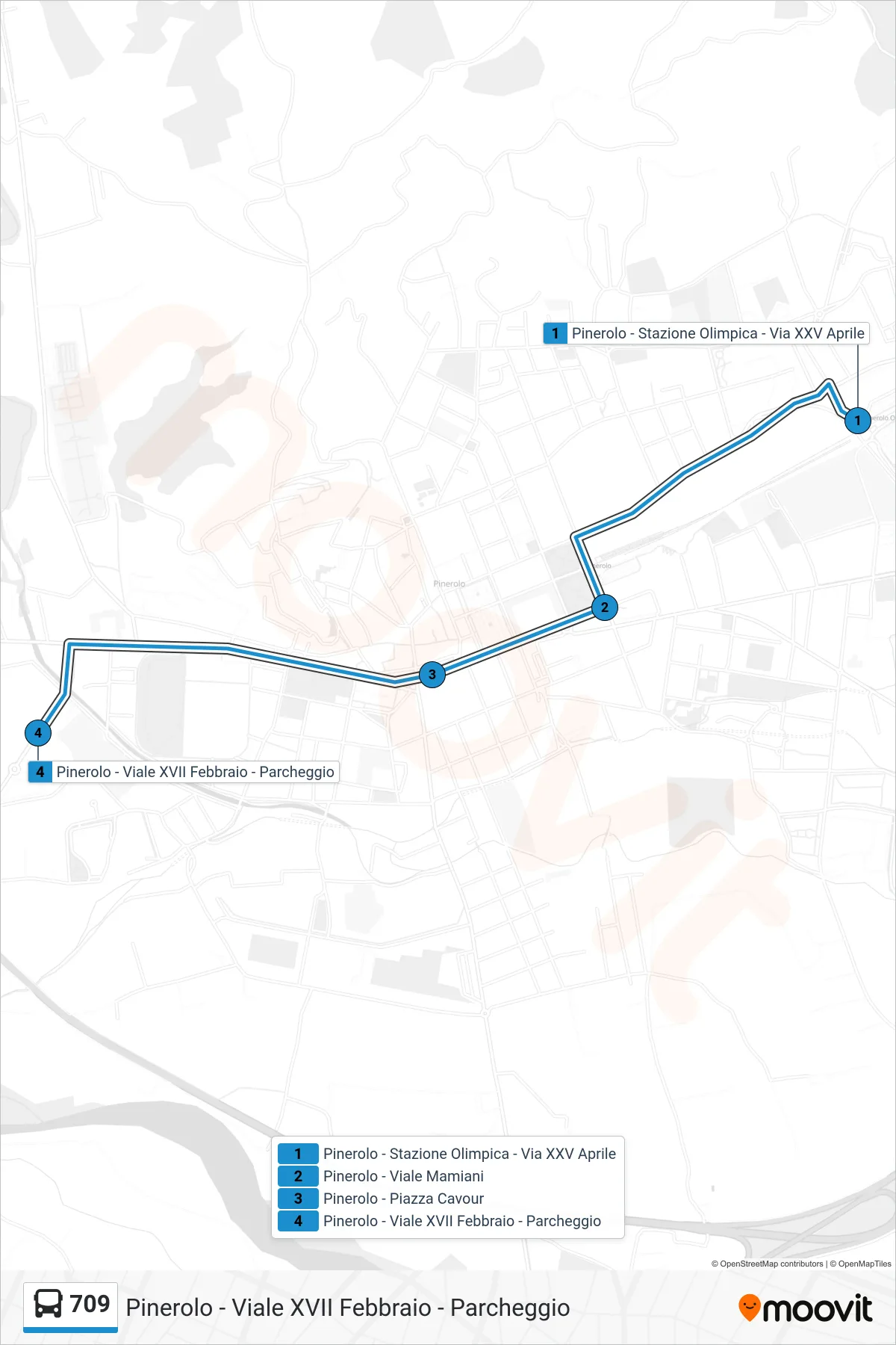 Linea 709 bus (Pinerolo - Viale XVII Febbraio - Parcheggio) - Percorsi e fermate sulla mappa