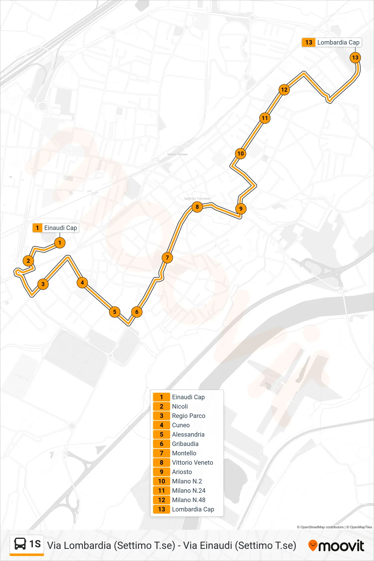 Linea 1S bus (Settimo Torinese Via Lombardia) - Percorsi e fermate sulla mappa
