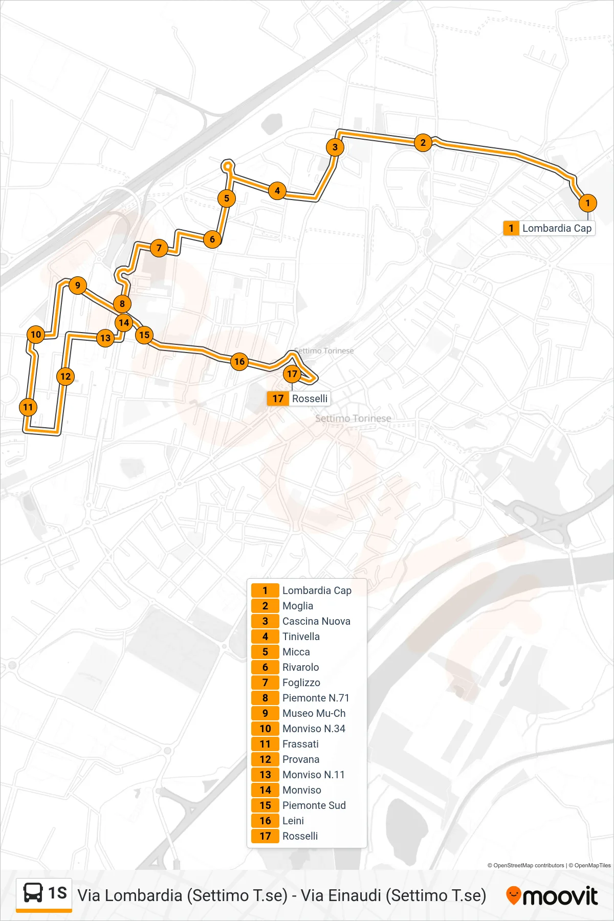 Linea 1S bus (Settimo Torinese Via Rosselli) - Percorsi e fermate sulla mappa