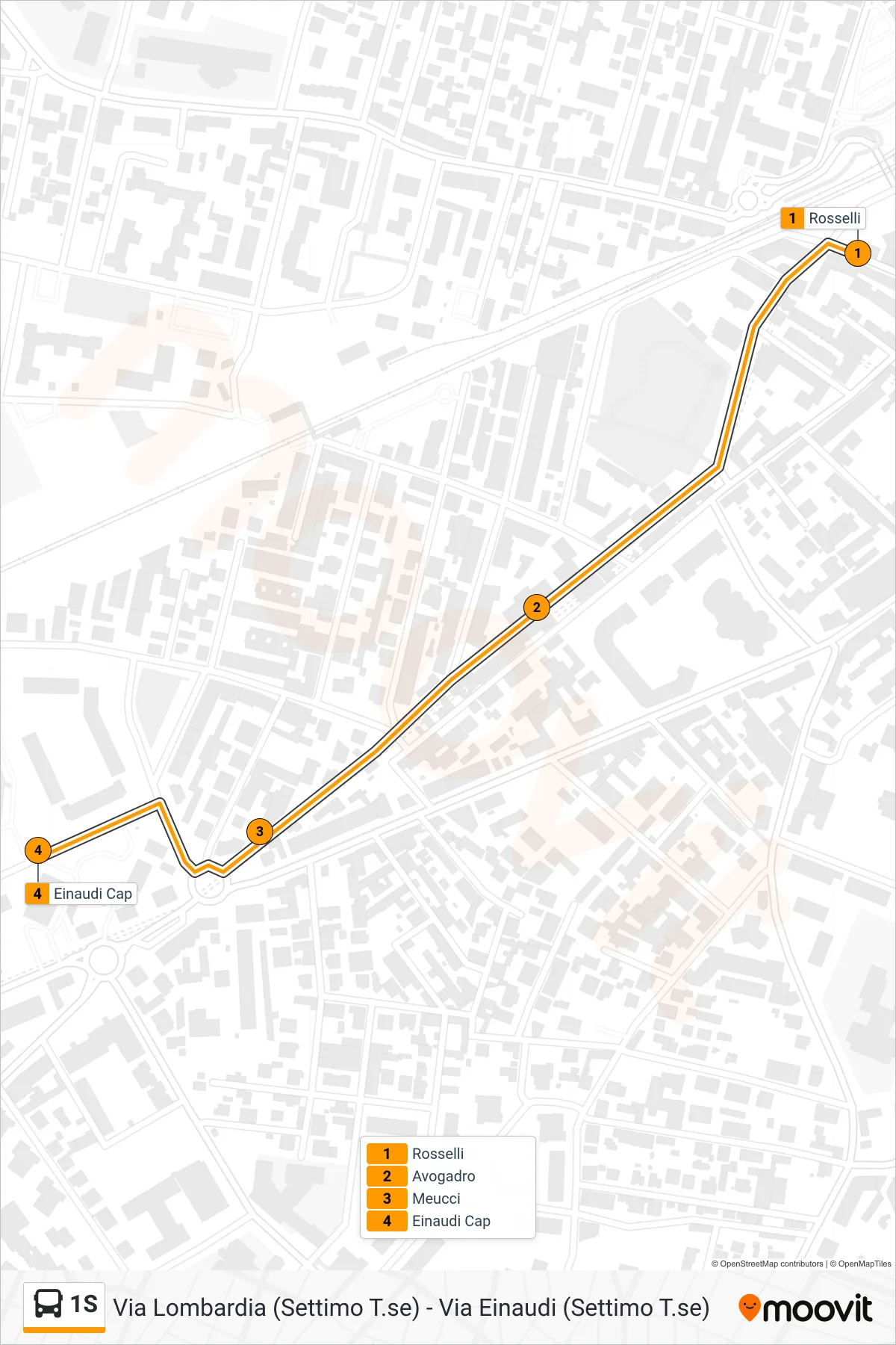 Linea 1S bus (Settimo Torinese Via Einaudi) - Percorsi e fermate sulla mappa
