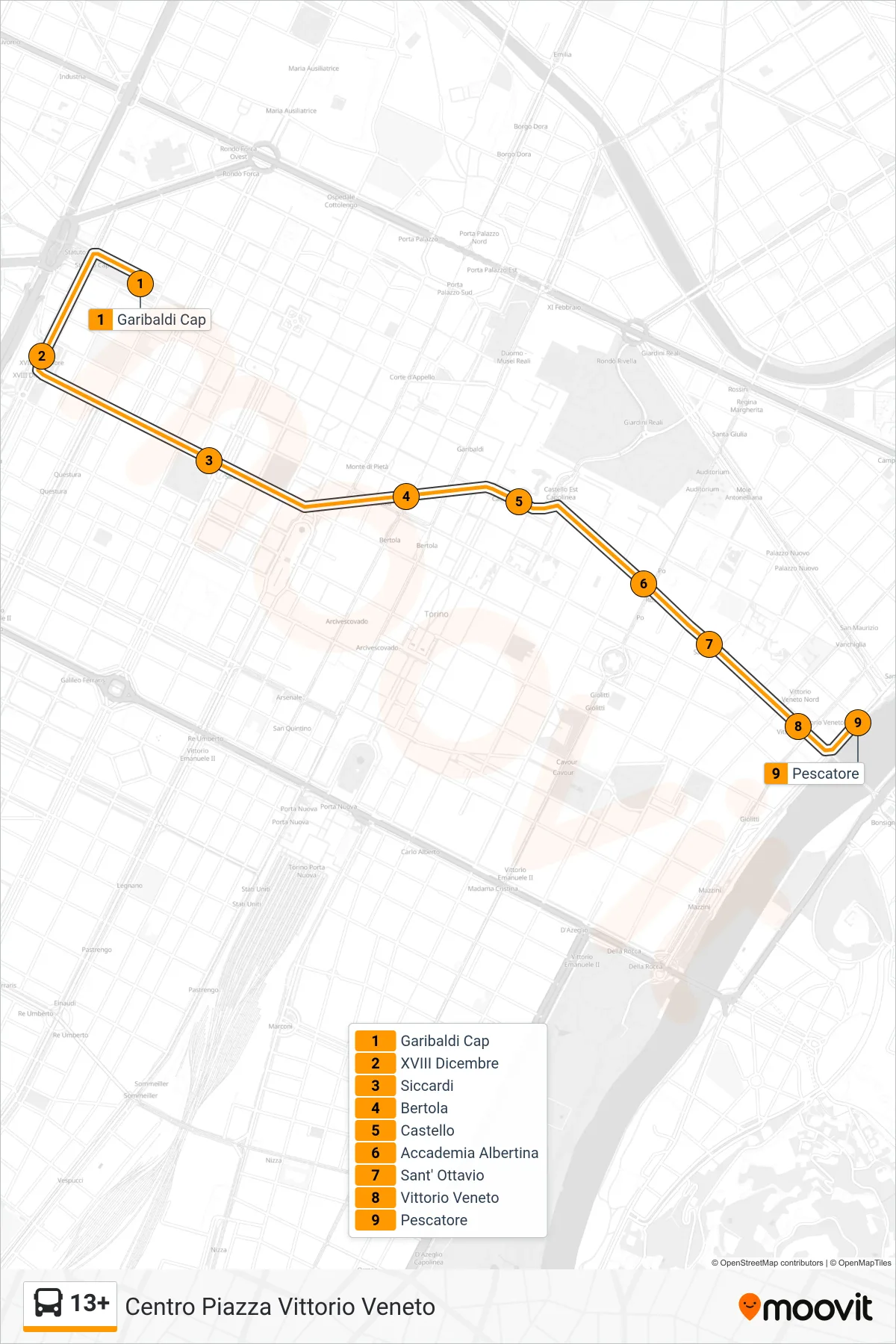 Linea 13+ bus (Centro Piazza Vittorio Veneto) - Percorsi e fermate sulla mappa