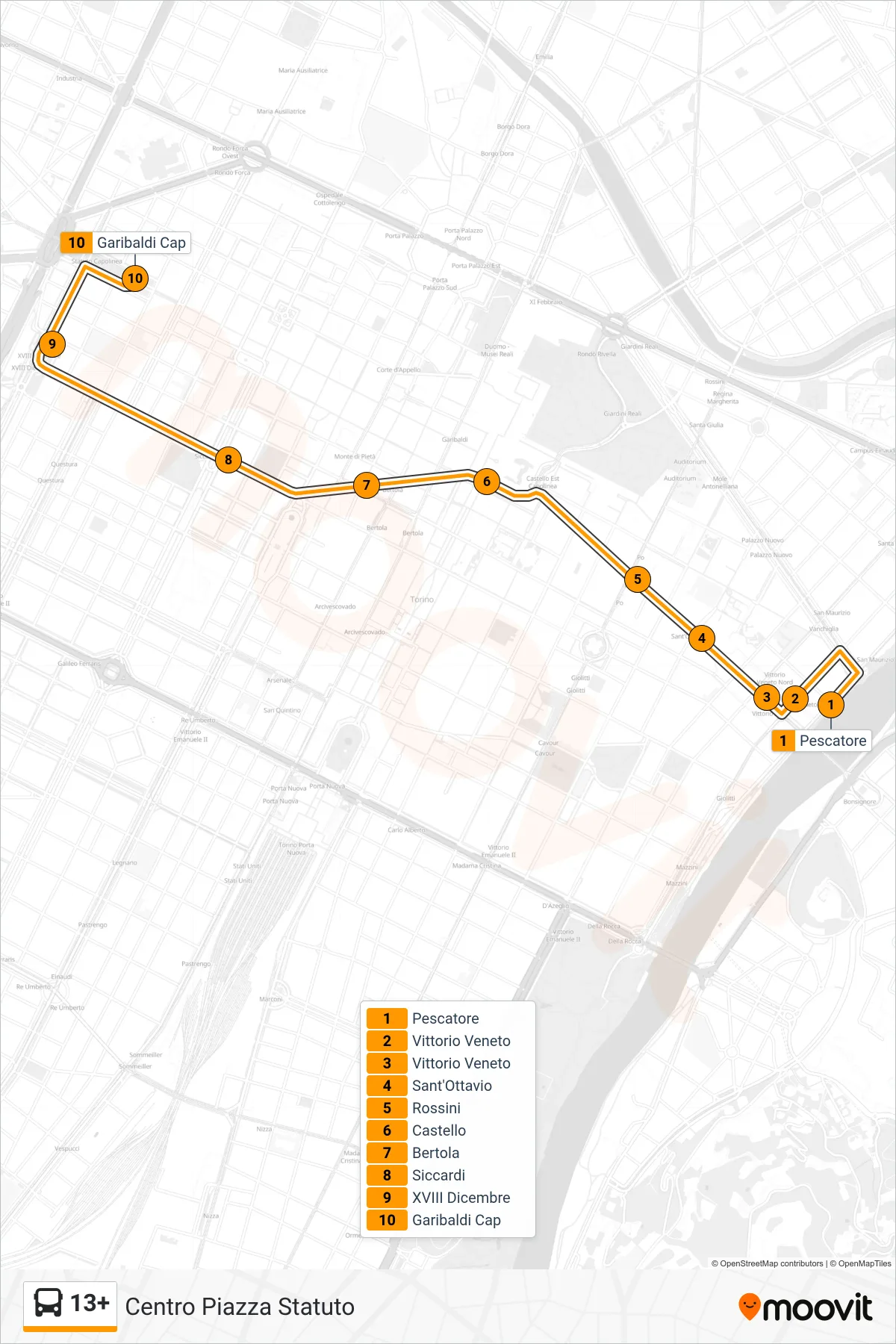 Linea 13+  bus (Centro Piazza Statuto) - Percorsi e fermate sulla mappa