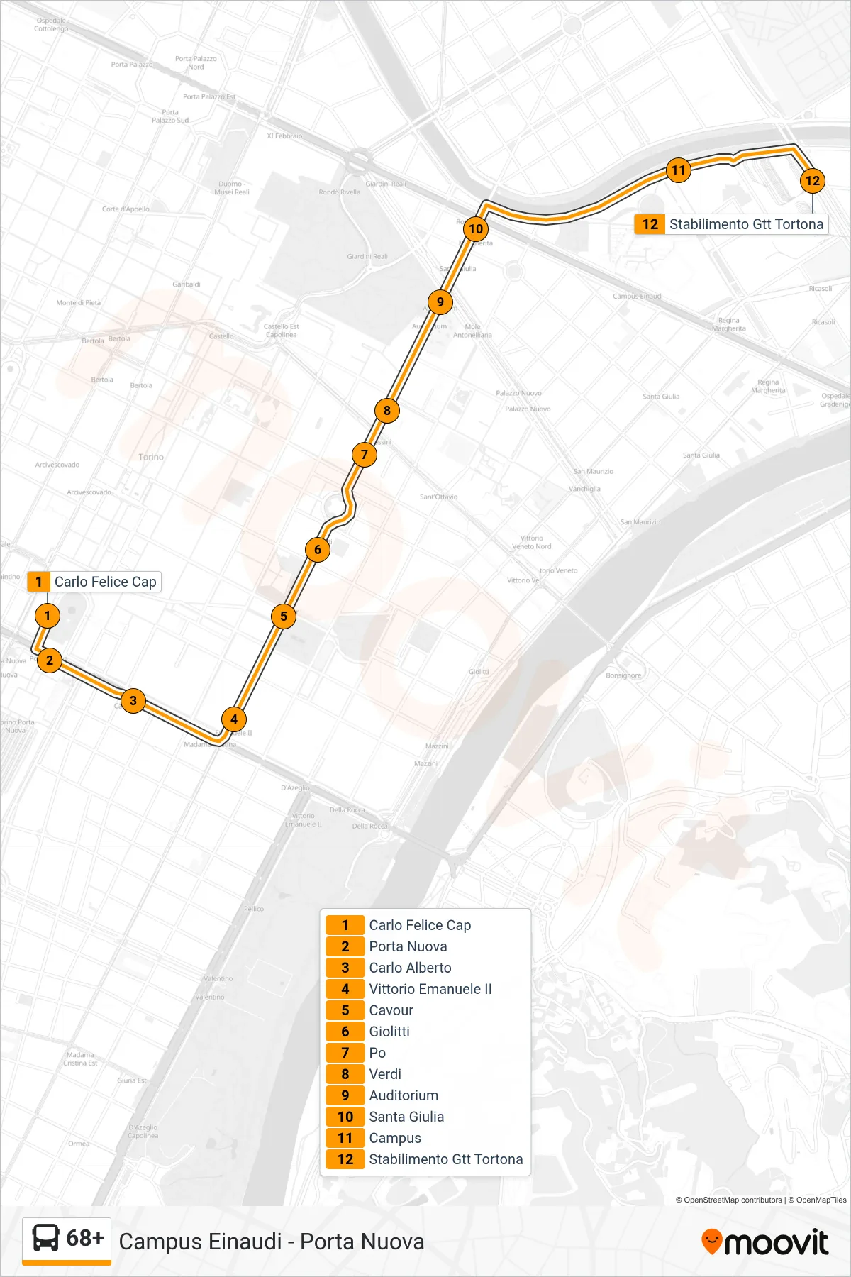 Linea 68+ bus (Campus Einaudi Corso Tortona) - Percorsi e fermate sulla mappa