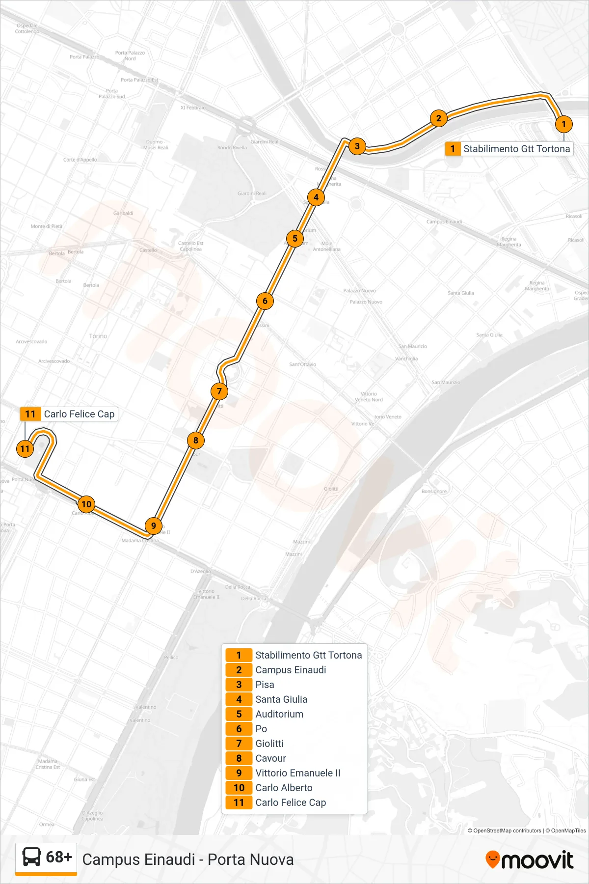 Linea 68+ bus (Porta Nuova P. Carlo Felice) - Percorsi e fermate sulla mappa