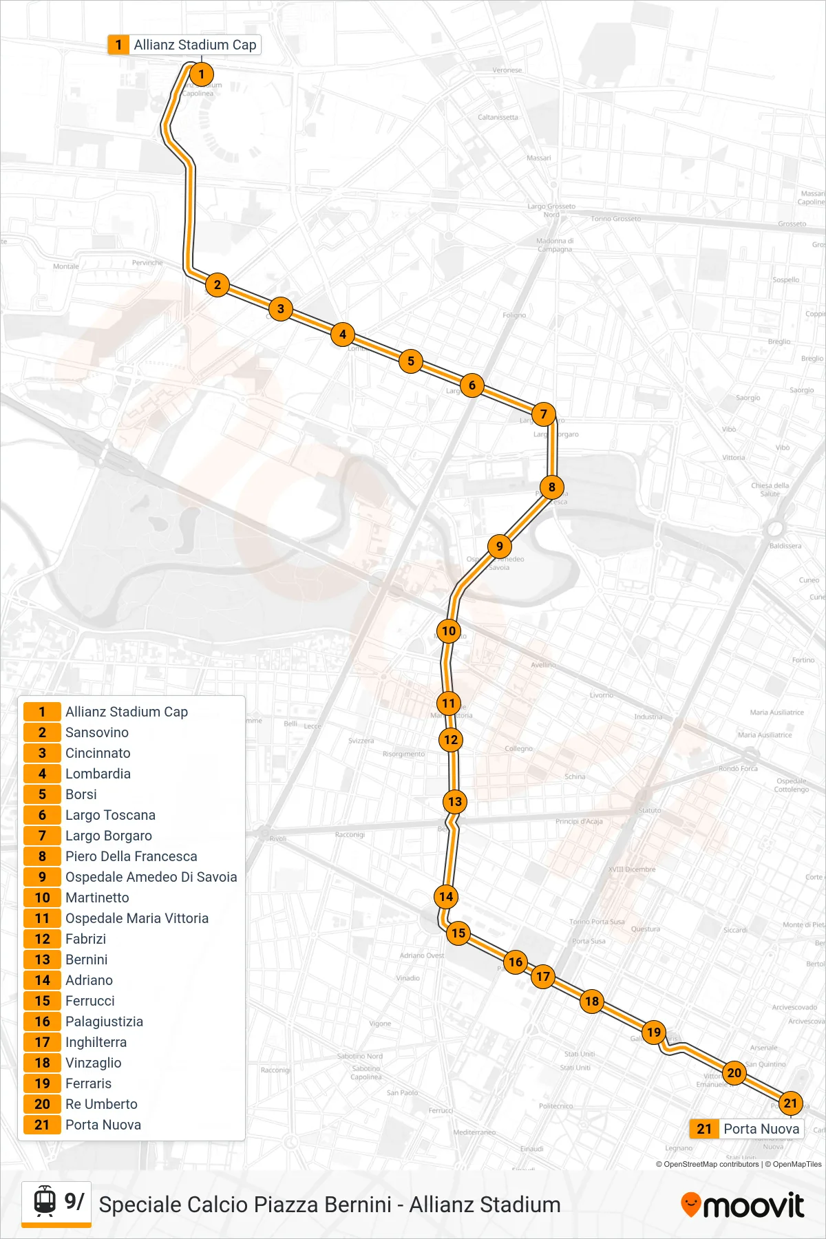 Linea 9/  tram (Porta Nuova C. Vittorio Emanuele II) - Percorsi e fermate sulla mappa
