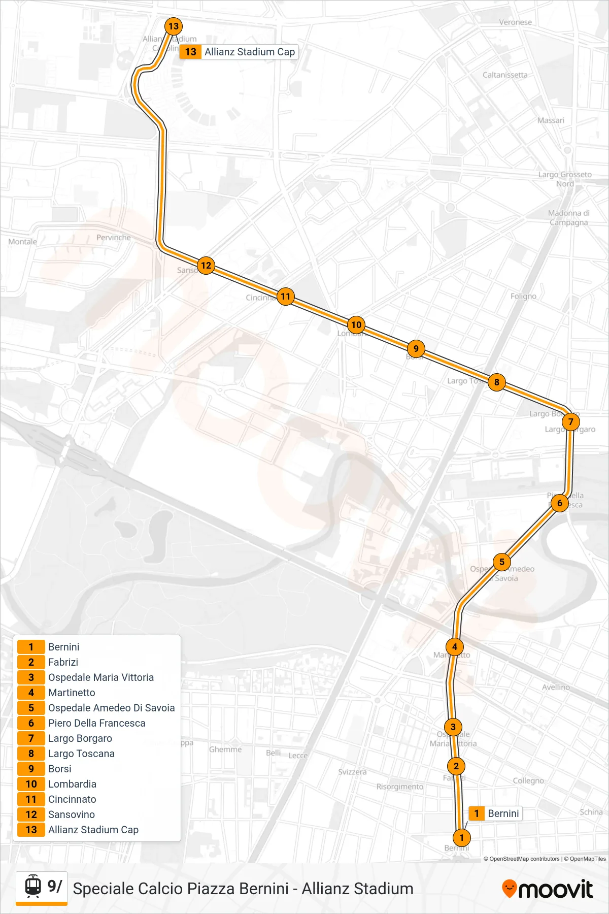 Linea 9/ tram (Speciale Allianz Stadium) - Percorsi e fermate sulla mappa