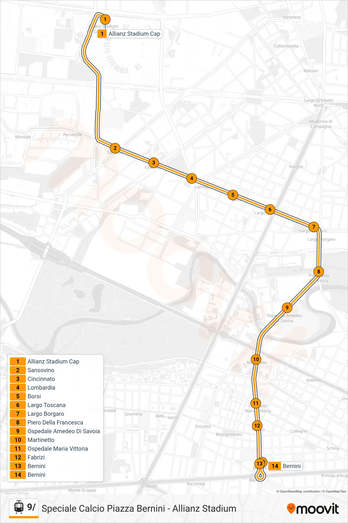 Linea 9/ tram (Cit Turin Piazza Bernini) - Percorsi e fermate sulla mappa